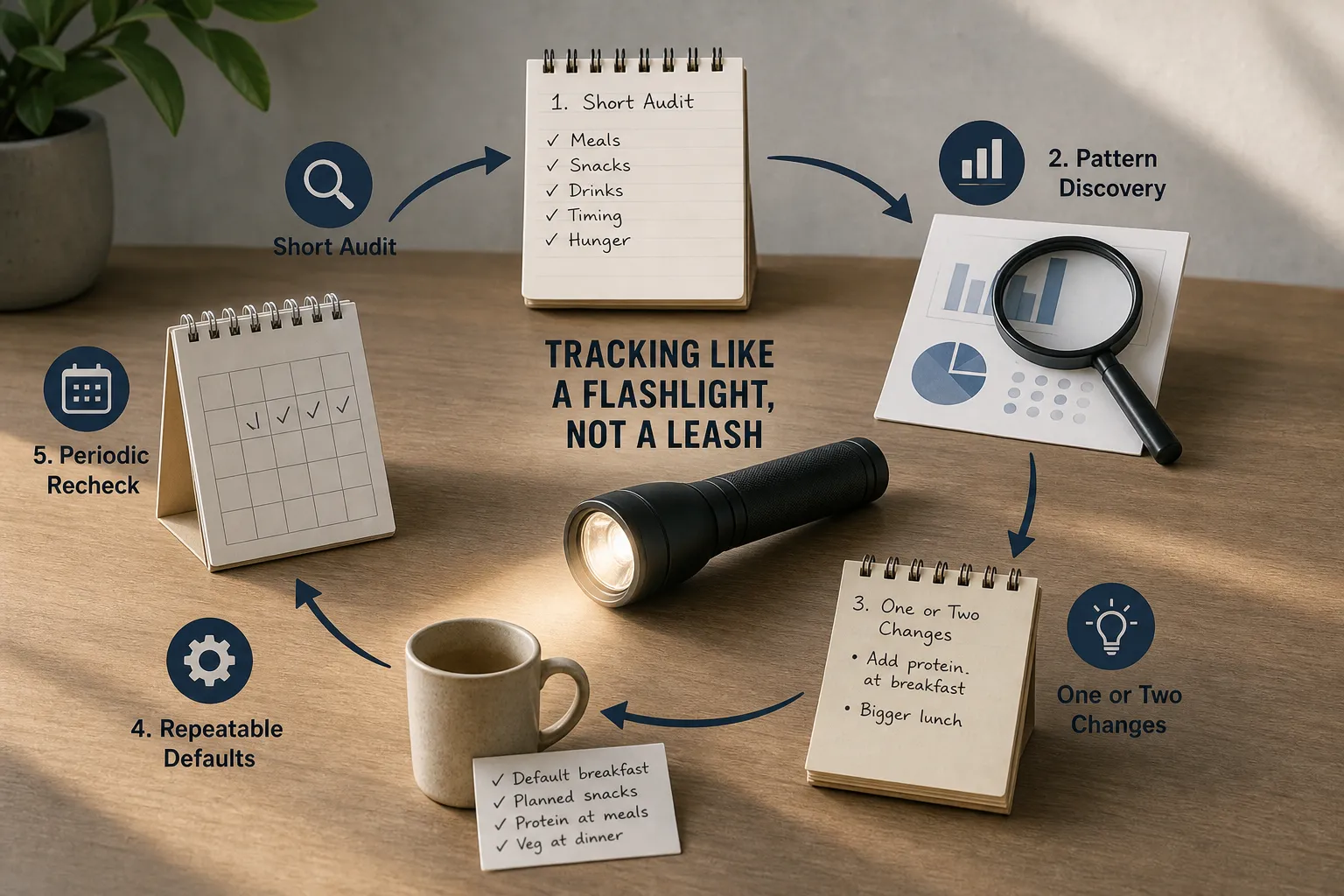 Desk display with notepads, charts, magnifying glass, flashlight, and a coffee mug showing a five-step tracking process.