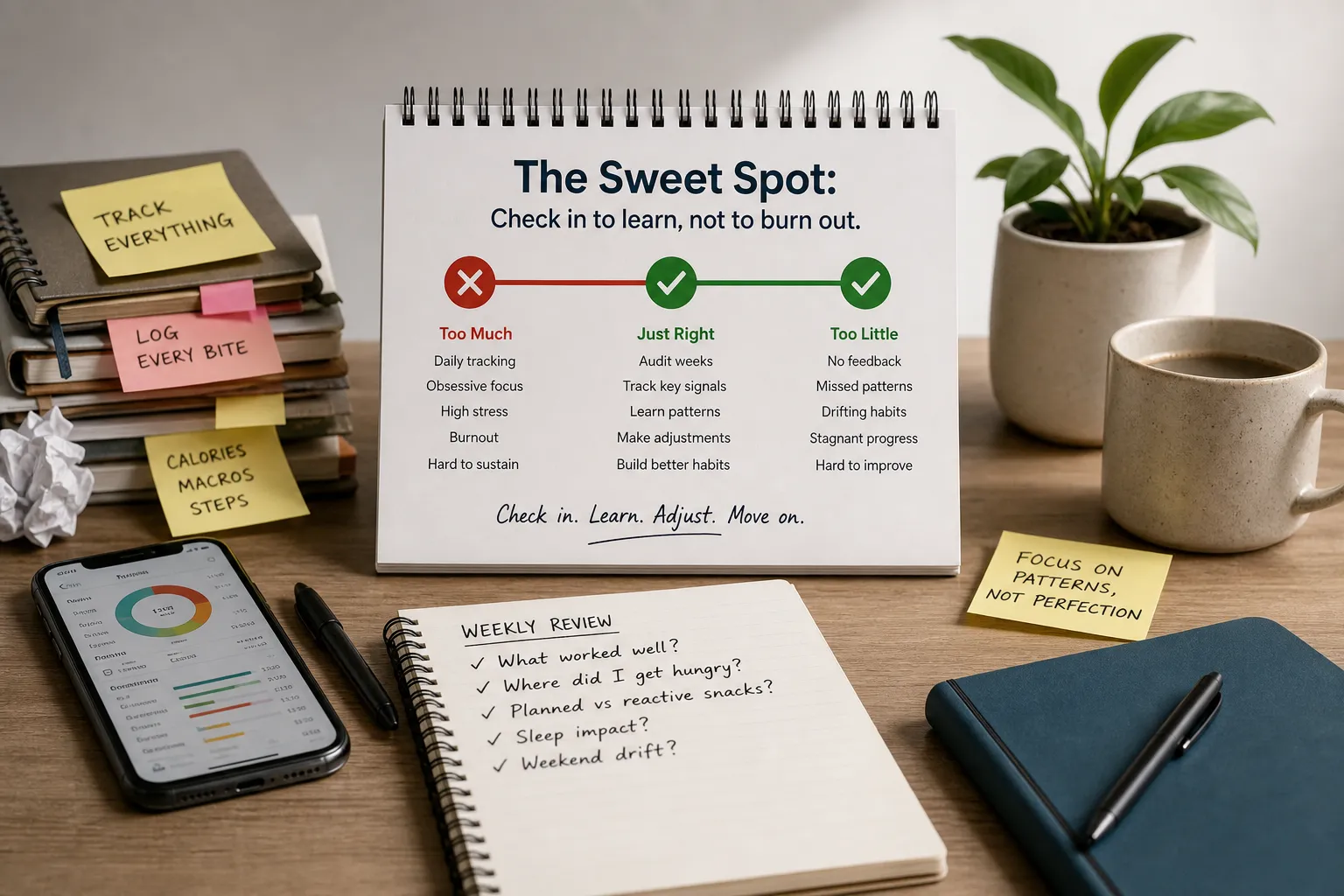 Desk setup with habit check-in notes and notebook Desk with notebooks, a phone, and a sign about the sweet spot for checking in on habits.