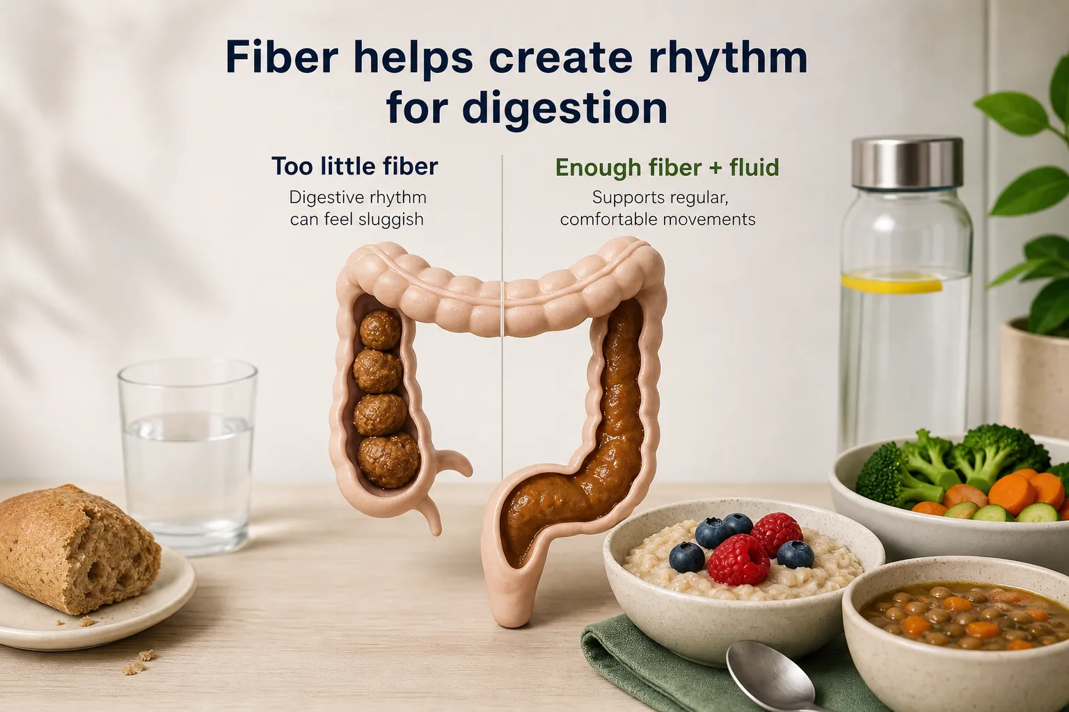 Diagram of a colon comparing too little fiber and enough fiber with fluid, alongside foods and a water glass