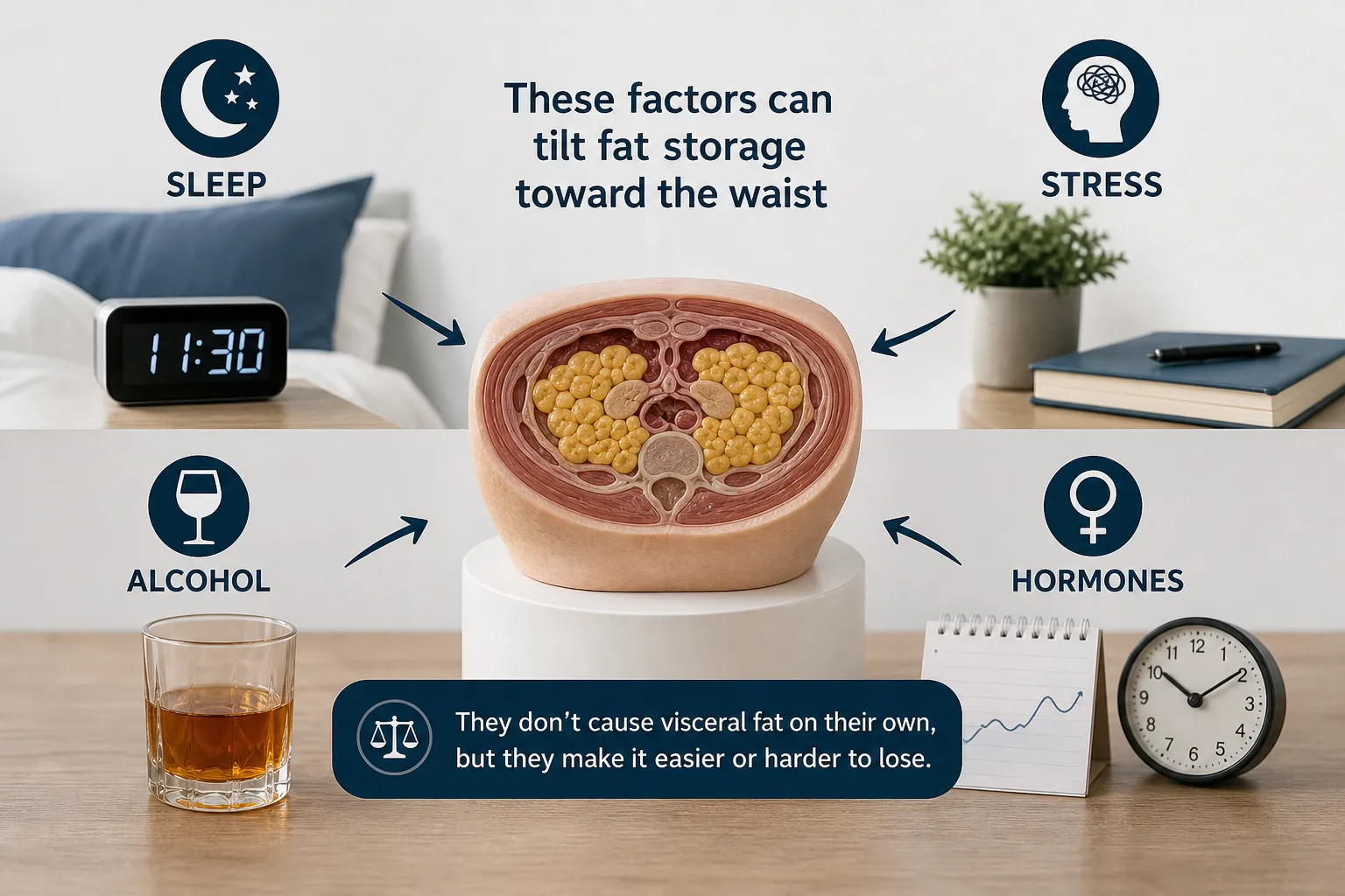Diagram of visceral fat with icons for sleep, stress, alcohol, and hormones around it