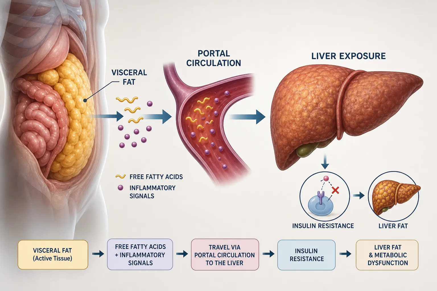 Diagram showing visceral fat near organs sending free fatty acids and inflammatory signals to the liver.
