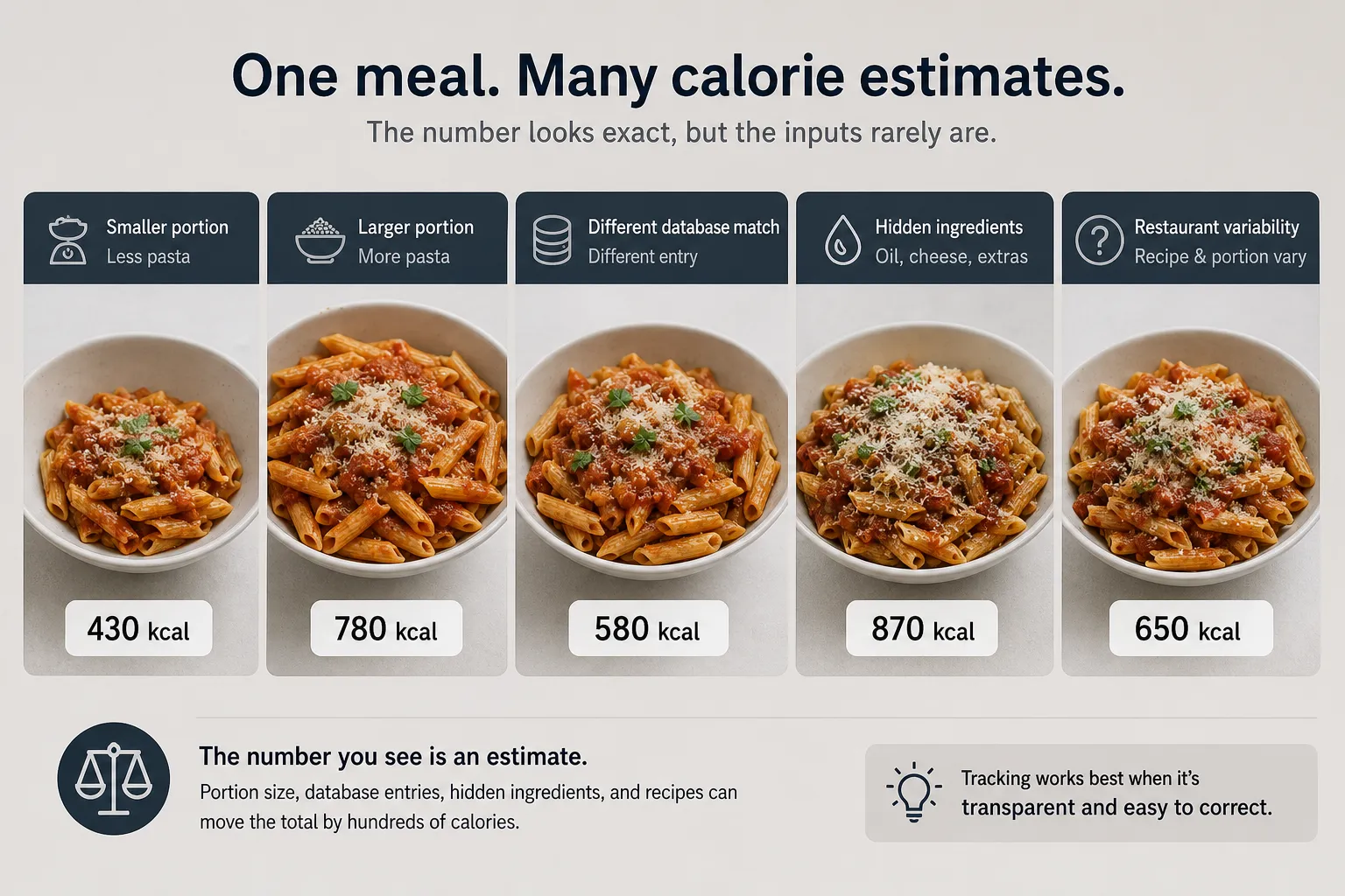 Five bowls of pasta with different calorie labels, showing varying estimates from 430 to 870 kcal.