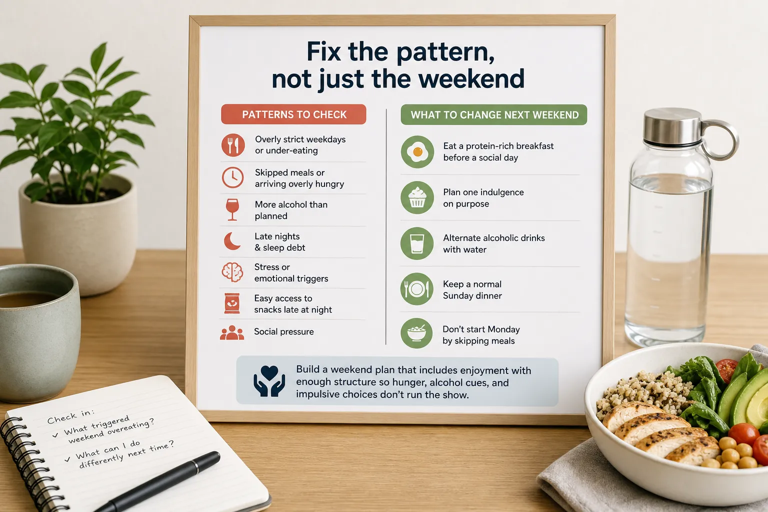 Framed checklist poster about fixing weekend habits on a desk beside a notebook, plant, water bottle, and salad bowl.