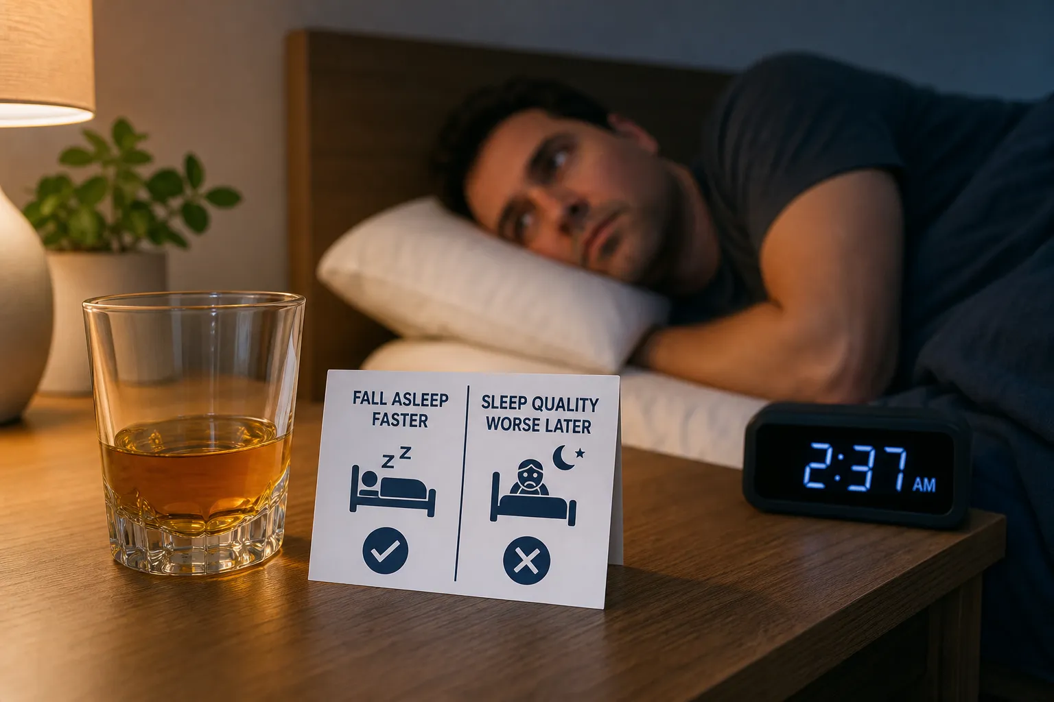Drink on bedside table with man awake in bed Glass of amber drink beside a bedside card about sleep quality and a man lying awake in bed