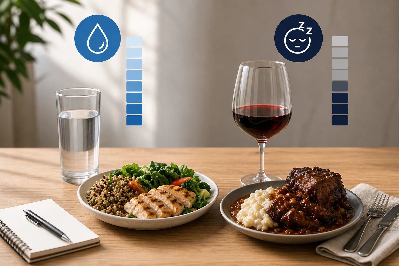 Glass of water and red wine beside two plated meals, with droplet and sleepy icons above.