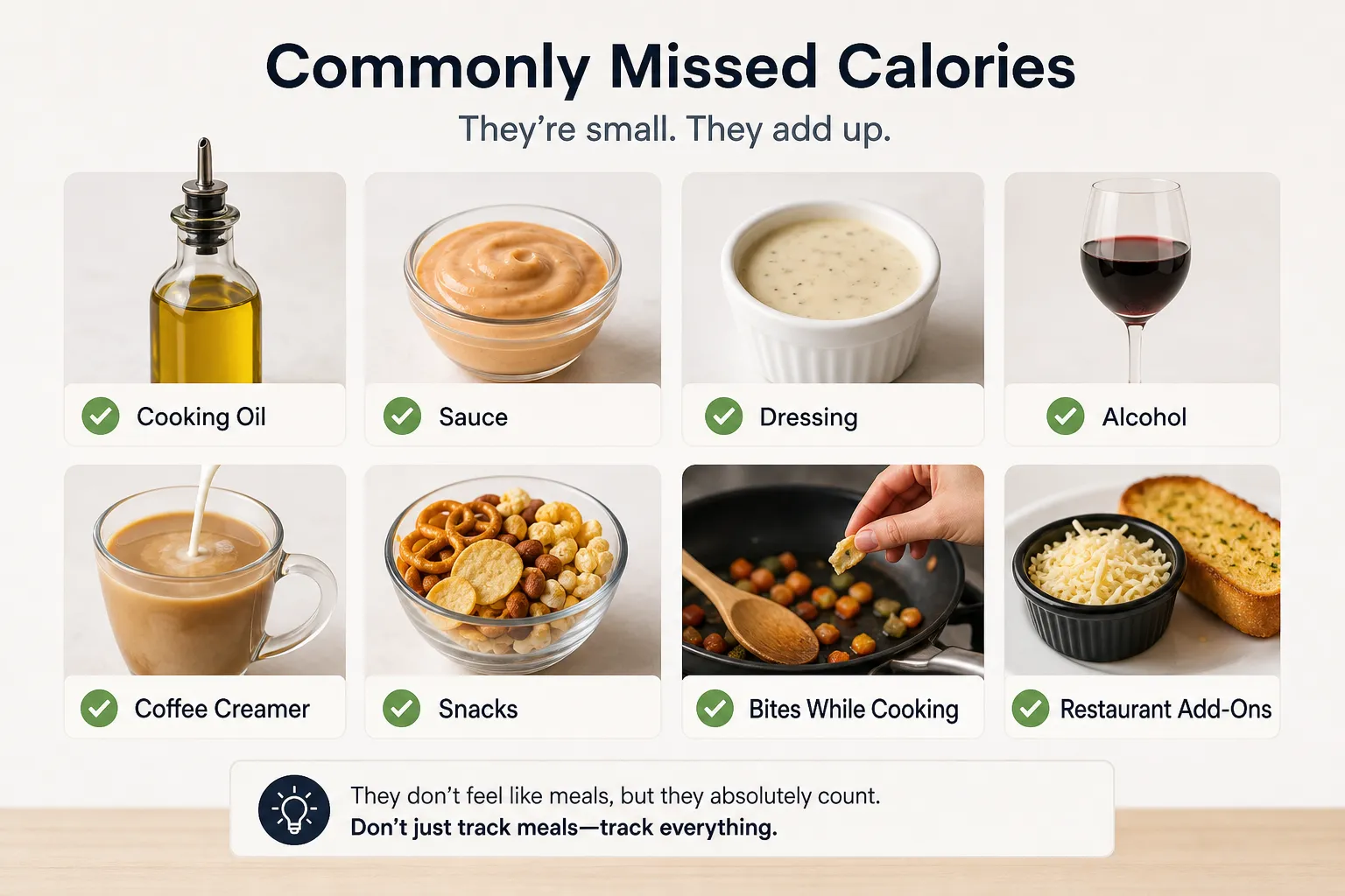 Commonly missed calorie sources grid Grid of commonly missed calories: cooking oil, sauce, dressing, alcohol, coffee creamer, snacks, bites while cooking, and restaurant add-ons.