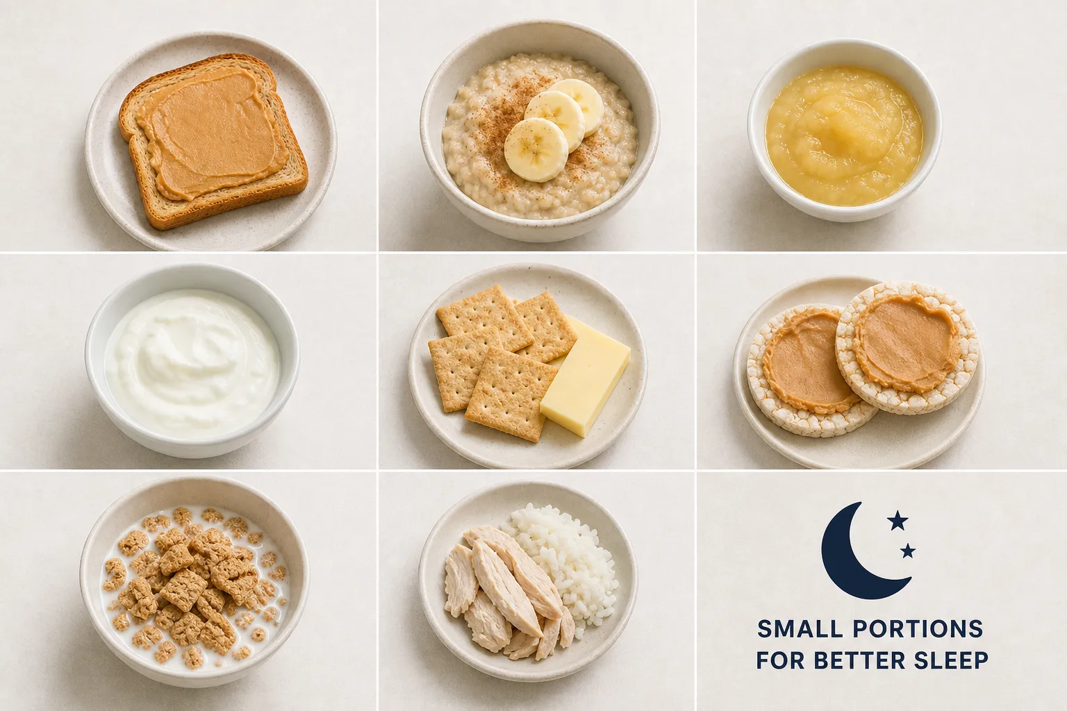 Small late-night snack portions Grid of small snack servings, including toast with spread, oatmeal with banana, applesauce, yogurt, crackers with cheese, and chicken with rice.