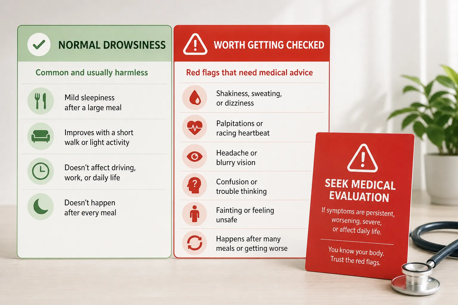 Health chart comparing normal drowsiness after meals with red-flag symptoms needing medical advice.