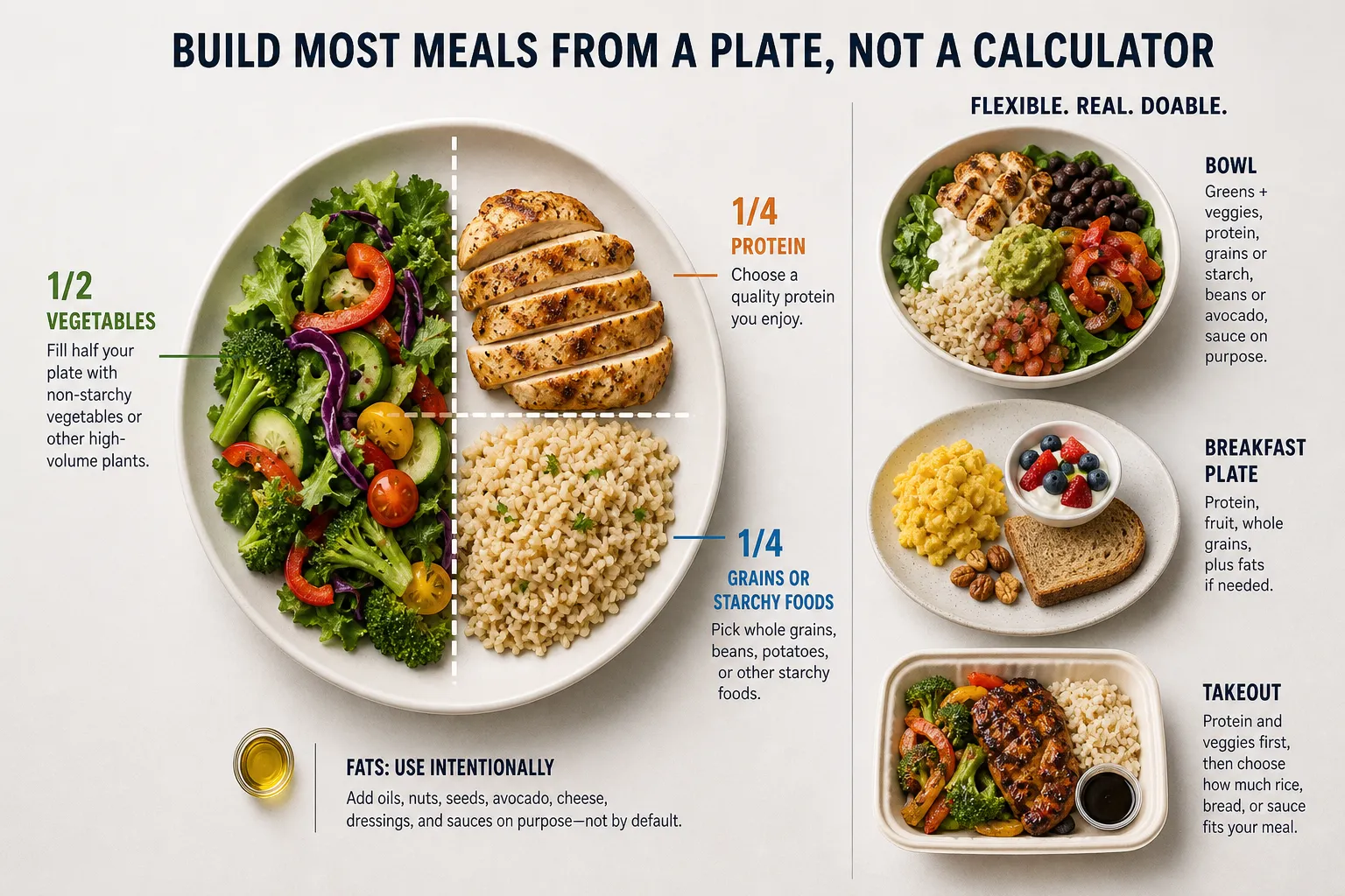 Balanced meal plate with vegetarian, breakfast, and takeout examples Healthy plate divided into vegetables, chicken, and rice, with three meal examples on the right.