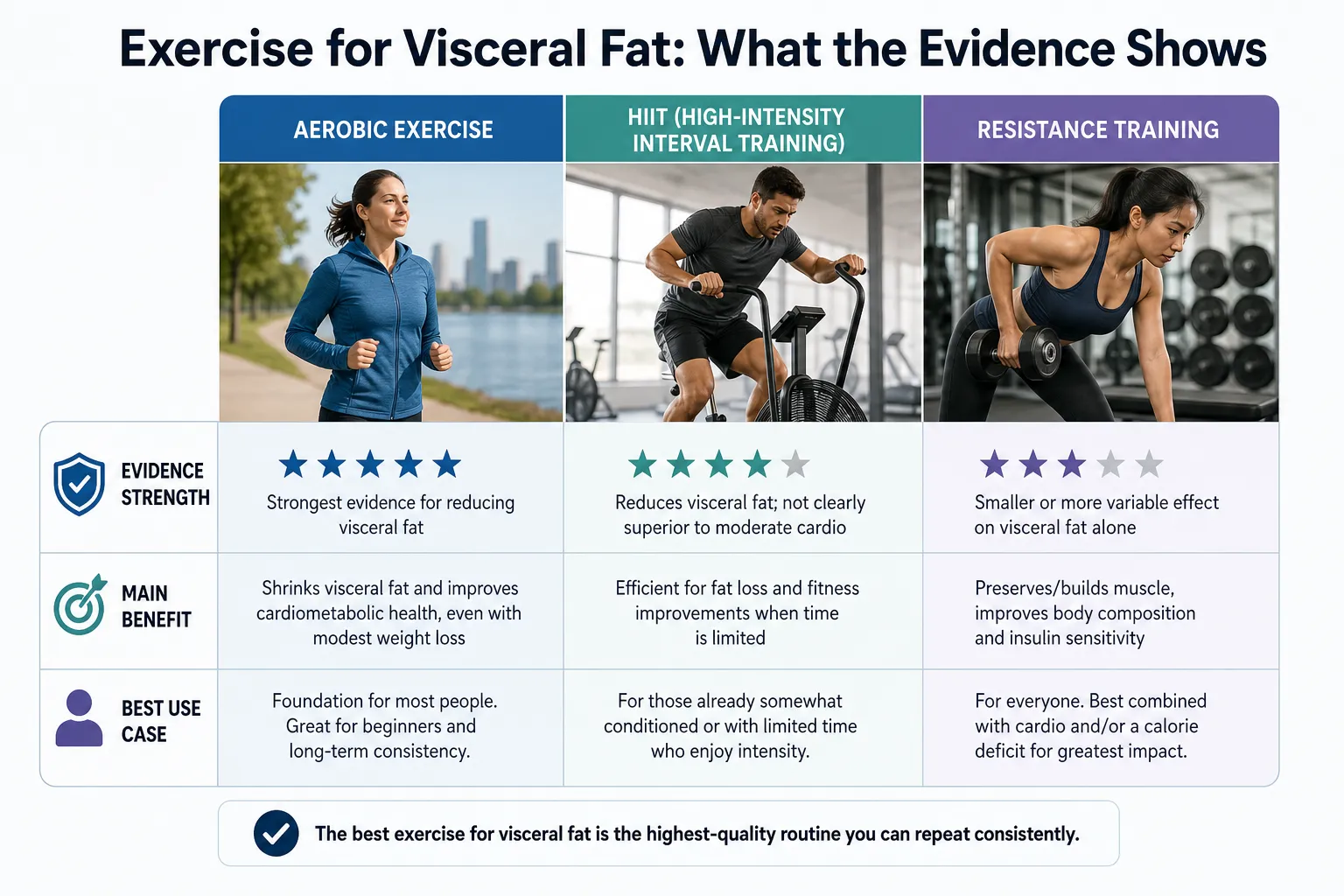 Infographic comparing aerobic exercise, HIIT, and resistance training for visceral fat.