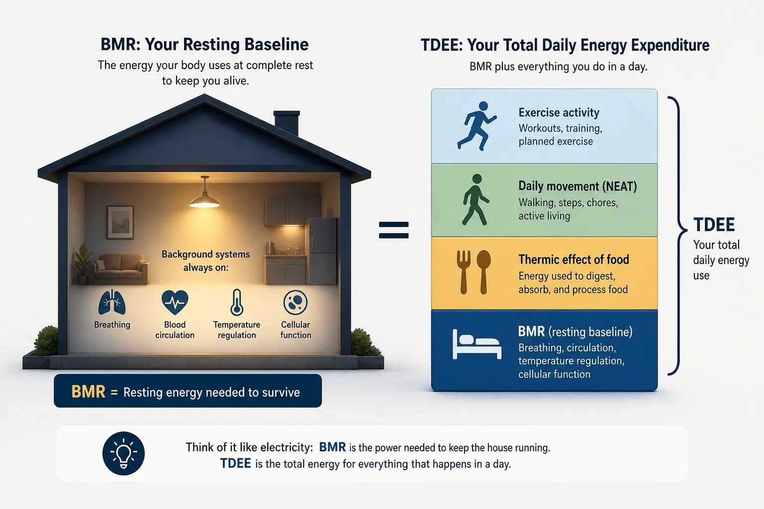 BMR vs TDEE comparison infographic Infographic comparing BMR in a house and TDEE in stacked activity blocks.