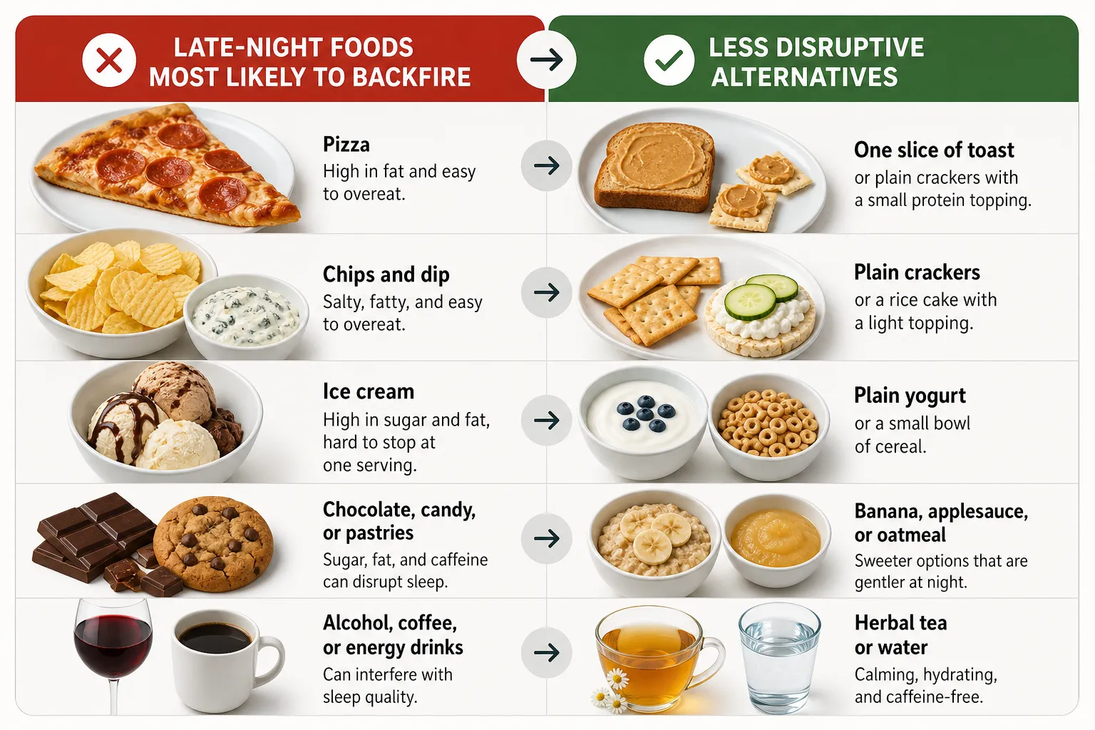 Late-Night Foods and Alternative Snacks Infographic comparing late-night foods that backfire with less disruptive alternatives.