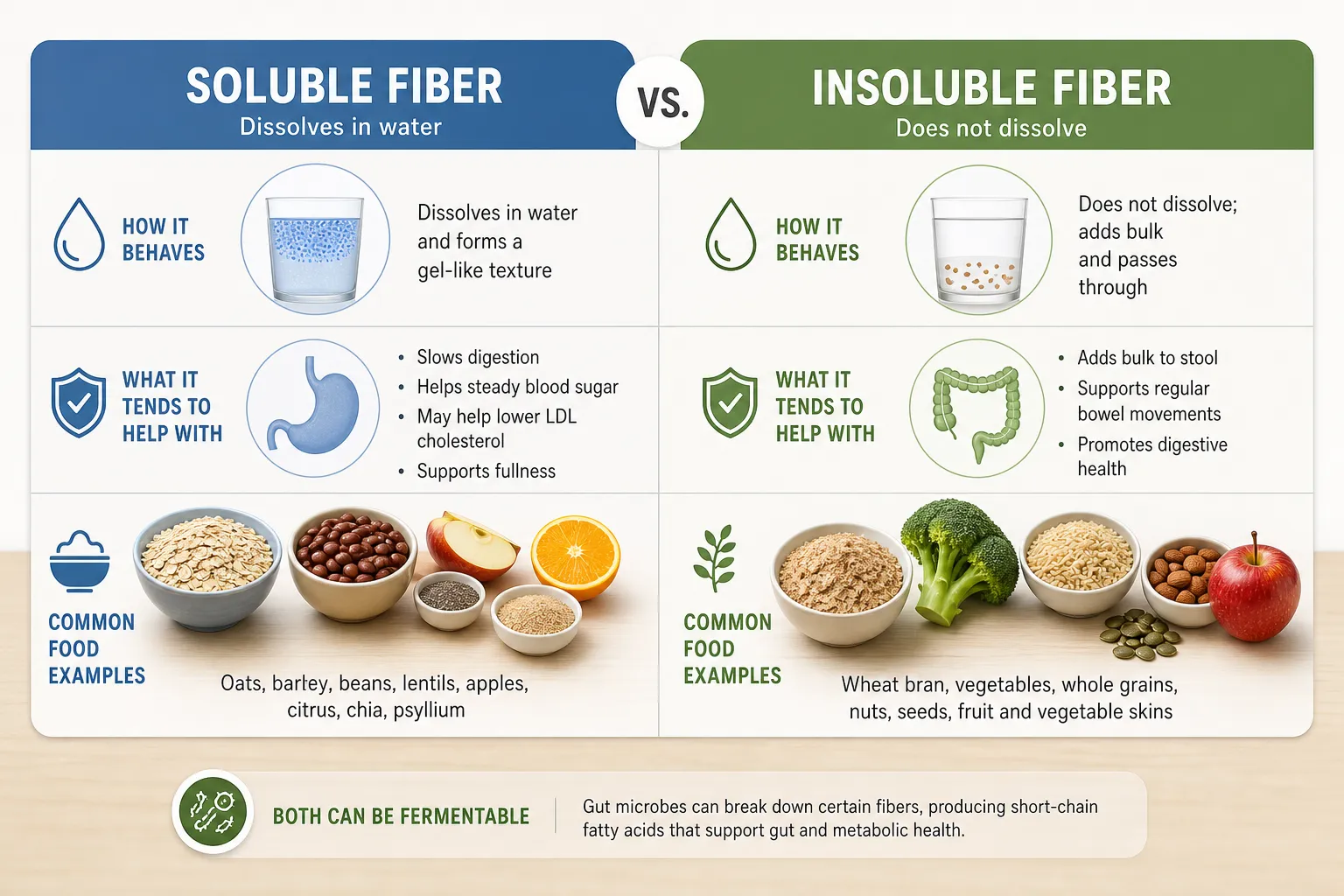 Infographic comparing soluble fiber and insoluble fiber with uses and common food examples.