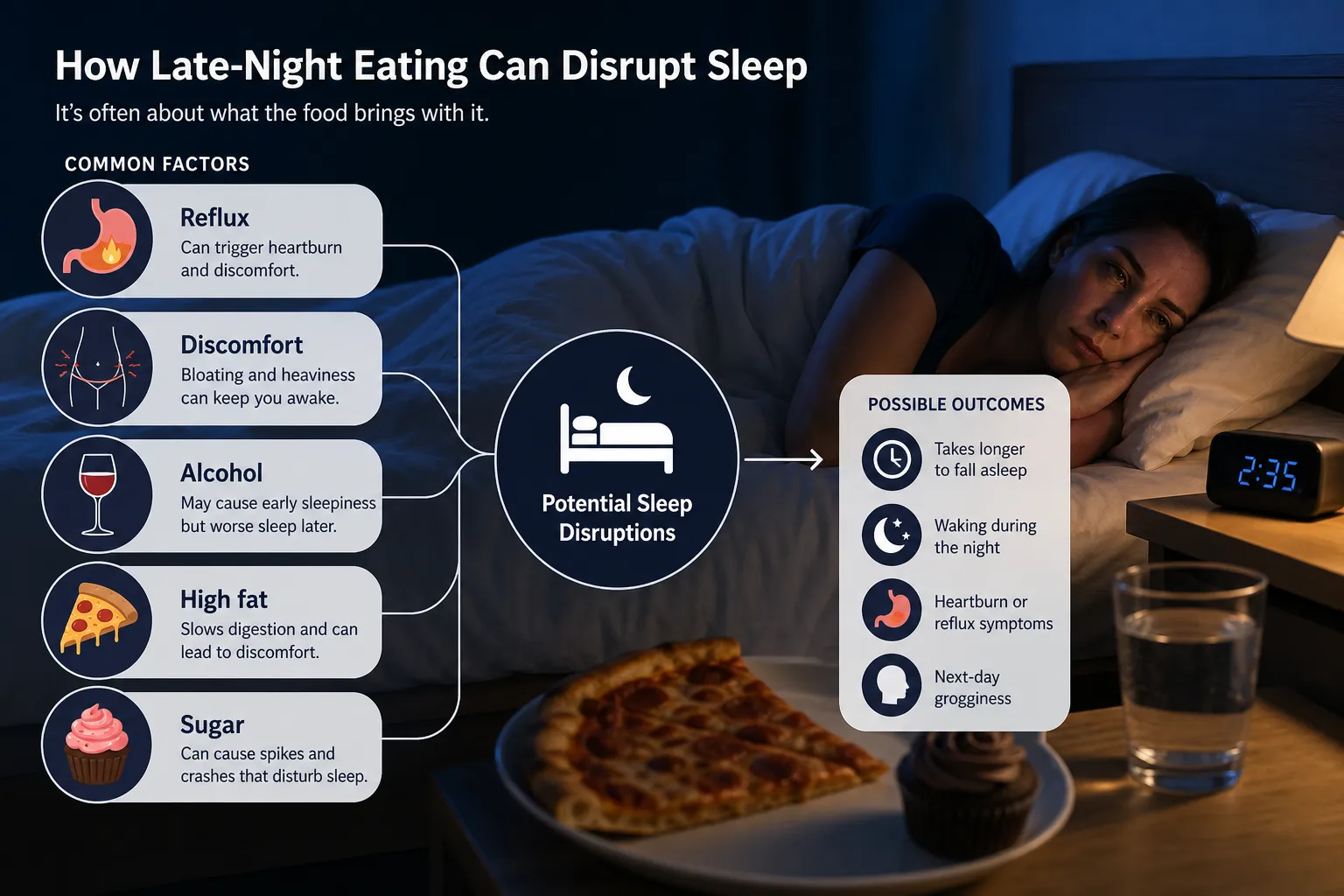 Infographic of a woman lying in bed beside late-night snacks, with icons for reflux, discomfort, alcohol, high fat, and sugar.