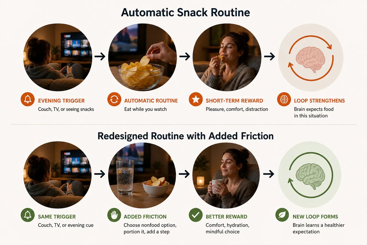 Infographic showing a screen-and-snack routine, then a redesigned routine with water and fruit instead of chips.