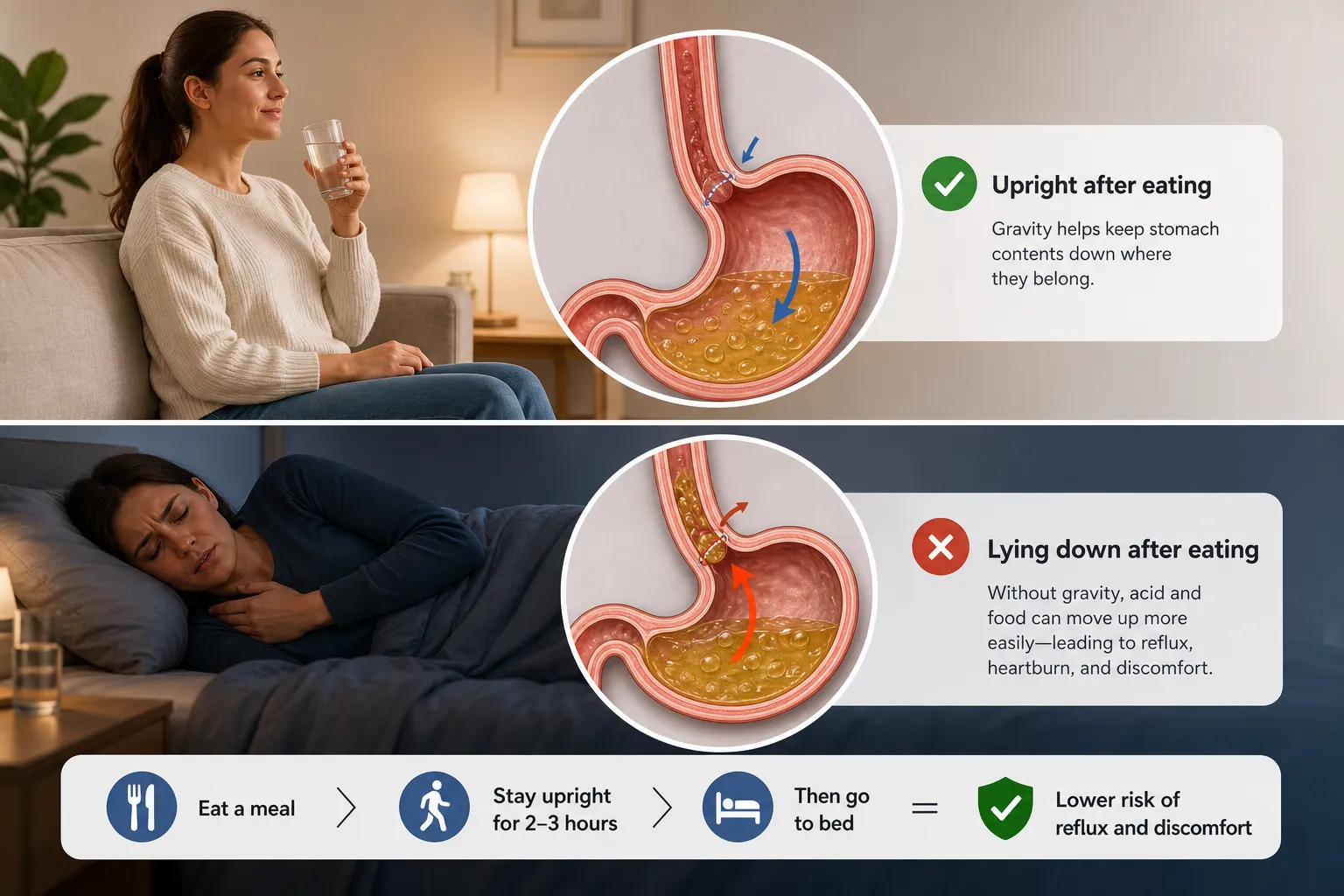 Infographic showing a woman sitting upright after eating and lying down in bed, with stomach diagrams and reflux arrows.