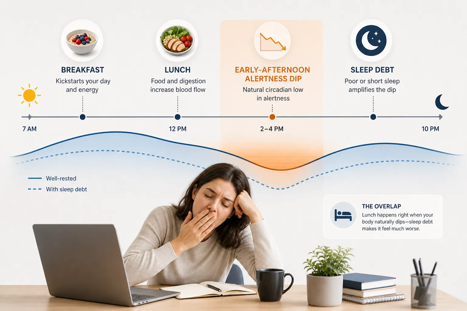 Infographic showing breakfast, lunch, an early-afternoon alertness dip, and sleep debt above a tired woman at a desk.