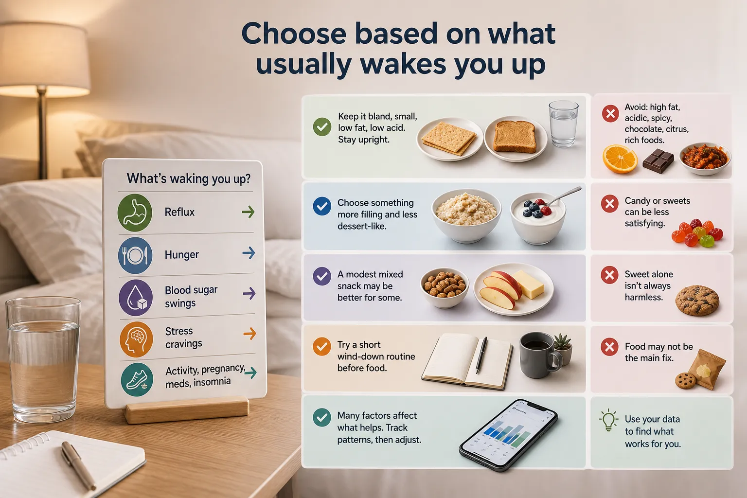 Nighttime waking causes and snack choices infographic Infographic showing causes of nighttime waking and snack suggestions, with foods like toast, oatmeal, fruit, and water.