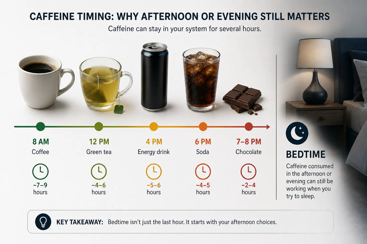 Caffeine timing chart with drinks and chocolate Infographic showing coffee, green tea, energy drink, soda, and chocolate on a caffeine timing chart before bedtime.