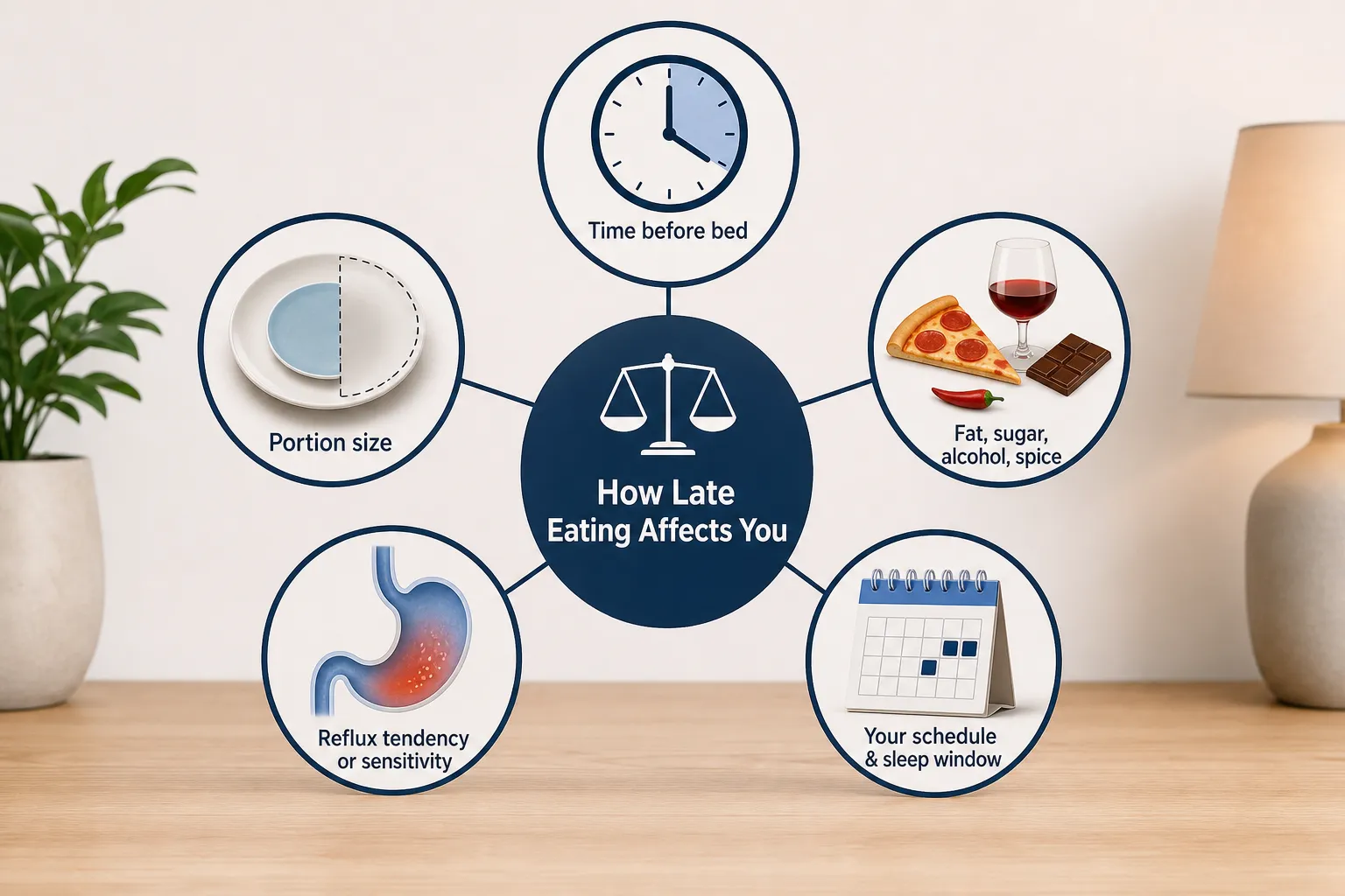 Infographic showing factors affecting late eating, including time before bed, portion size, reflux, and schedule.