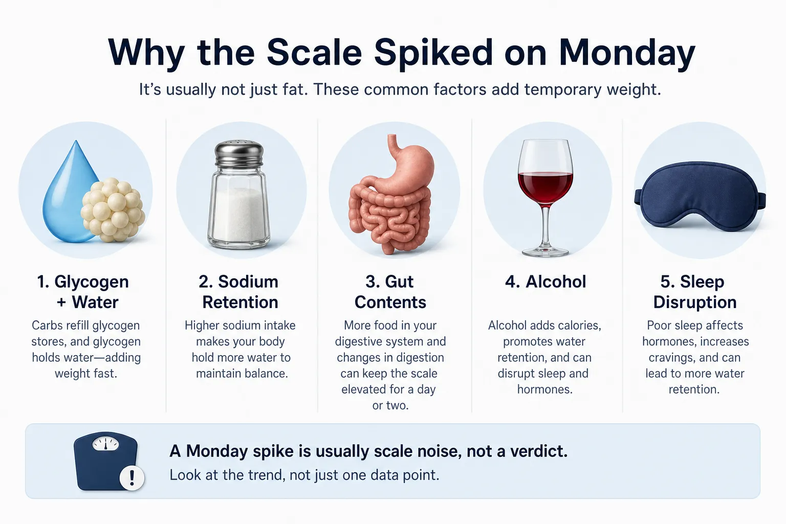 Infographic showing five reasons a scale may spike: glycogen and water, sodium retention, gut contents, alcohol, and sleep disruption.