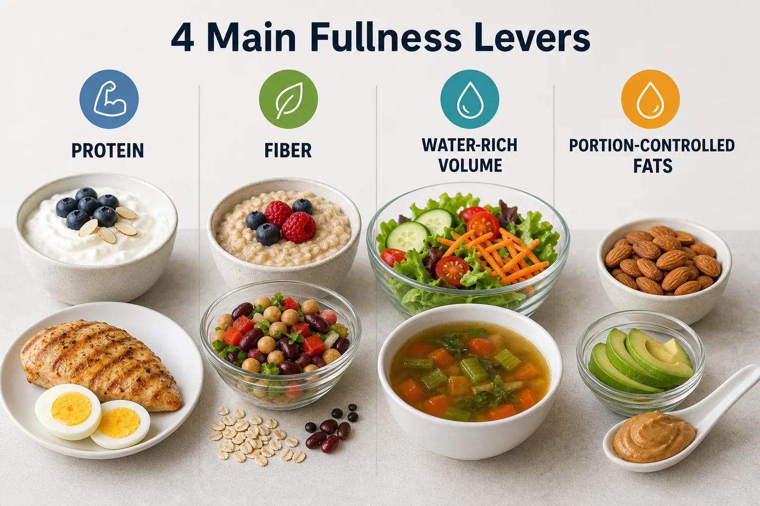 Four fullness levers with example foods Infographic showing four fullness levers: protein, fiber, water-rich volume, and portion-controlled fats with foods.