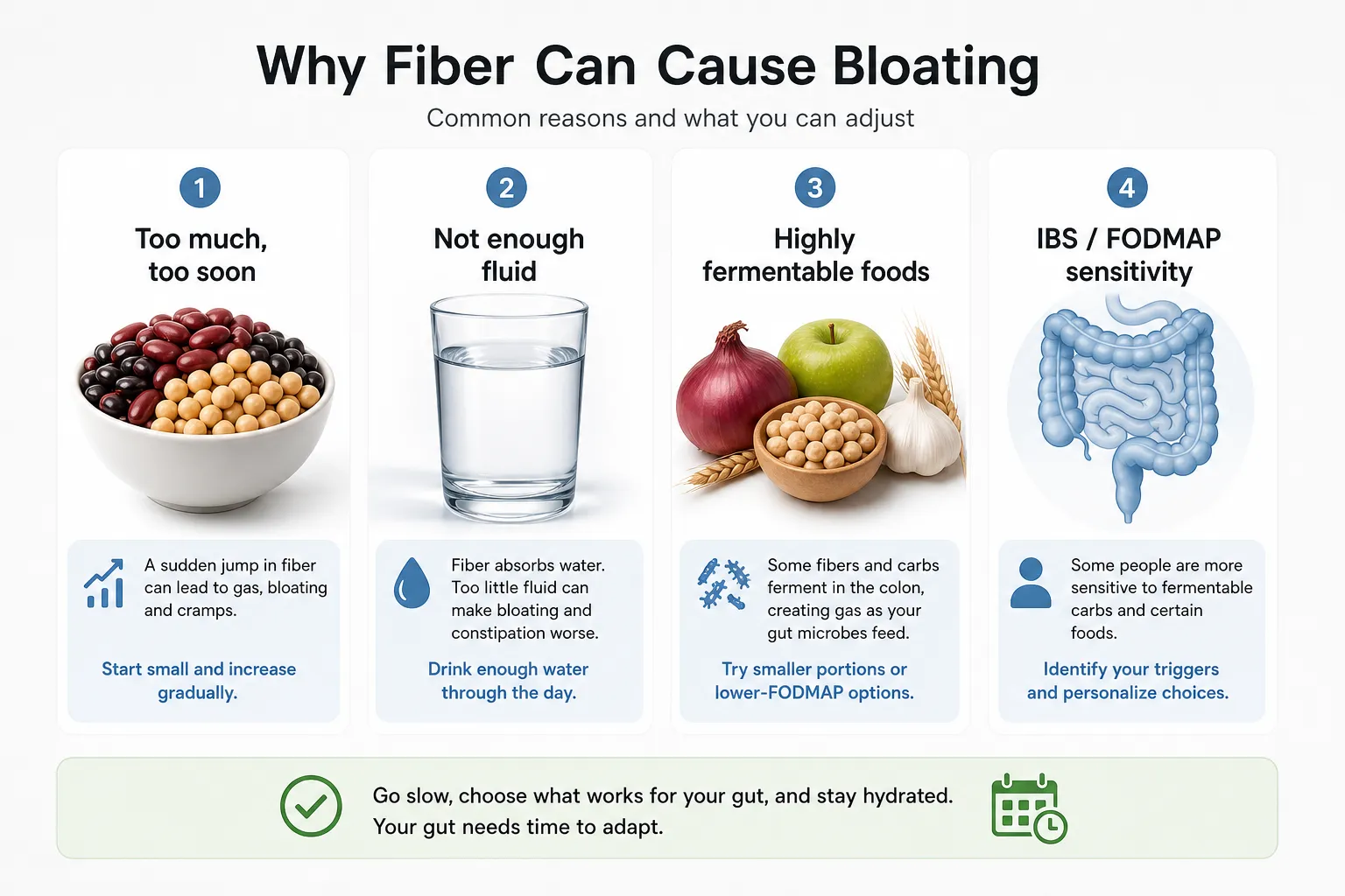 Infographic showing four reasons fiber can cause bloating, including too much too soon, not enough fluid, fermentable foods, and IBS/FODMAP sensitivity.