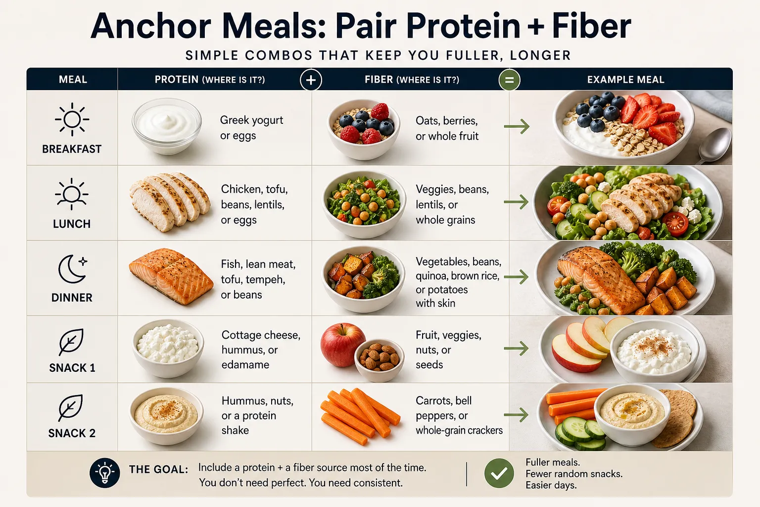 Protein and fiber meal pairings infographic Infographic showing protein and fiber pairings for breakfast, lunch, dinner, and snacks.