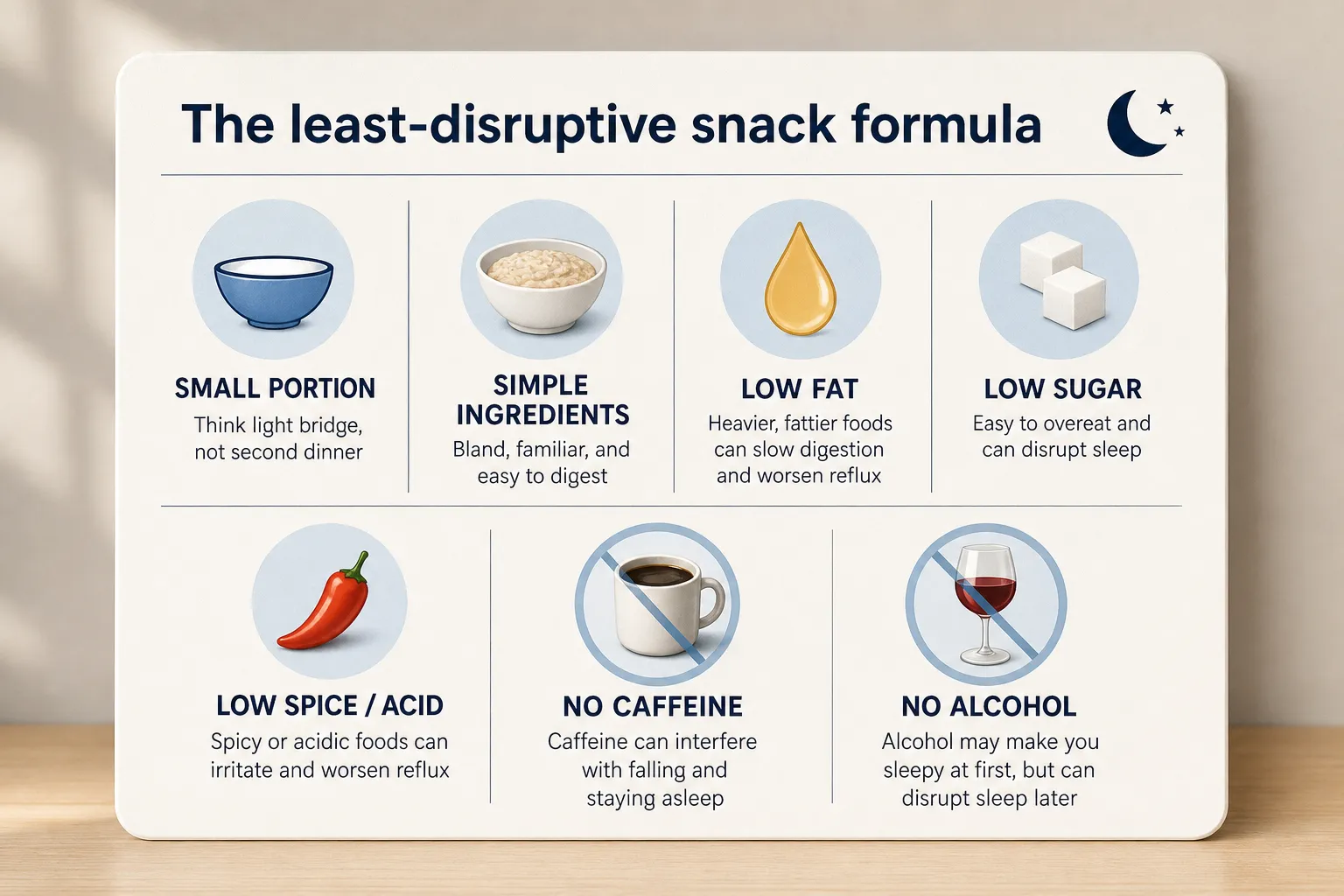 Least-disruptive snack formula infographic Infographic showing six snack guidelines: small portion, simple ingredients, low fat, low sugar, low spice/acid, no caffeine, and no alcohol.