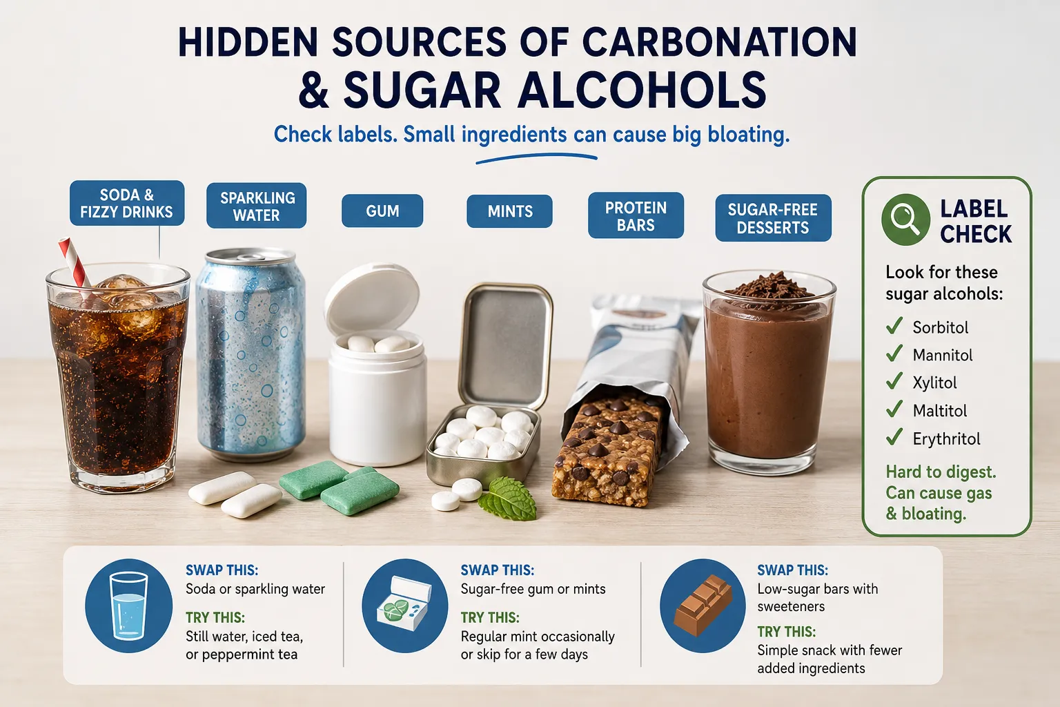 Hidden sources of carbonation and sugar alcohols infographic Infographic showing soda, sparkling water, gum, mints, protein bars, and sugar-free desserts with label checks for sugar alcohols.