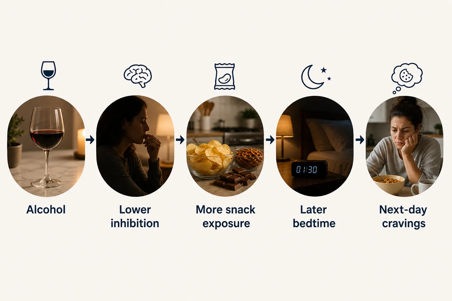 Infographic showing wine, impaired judgment, snack foods, a later bedtime, and next-day cravings.