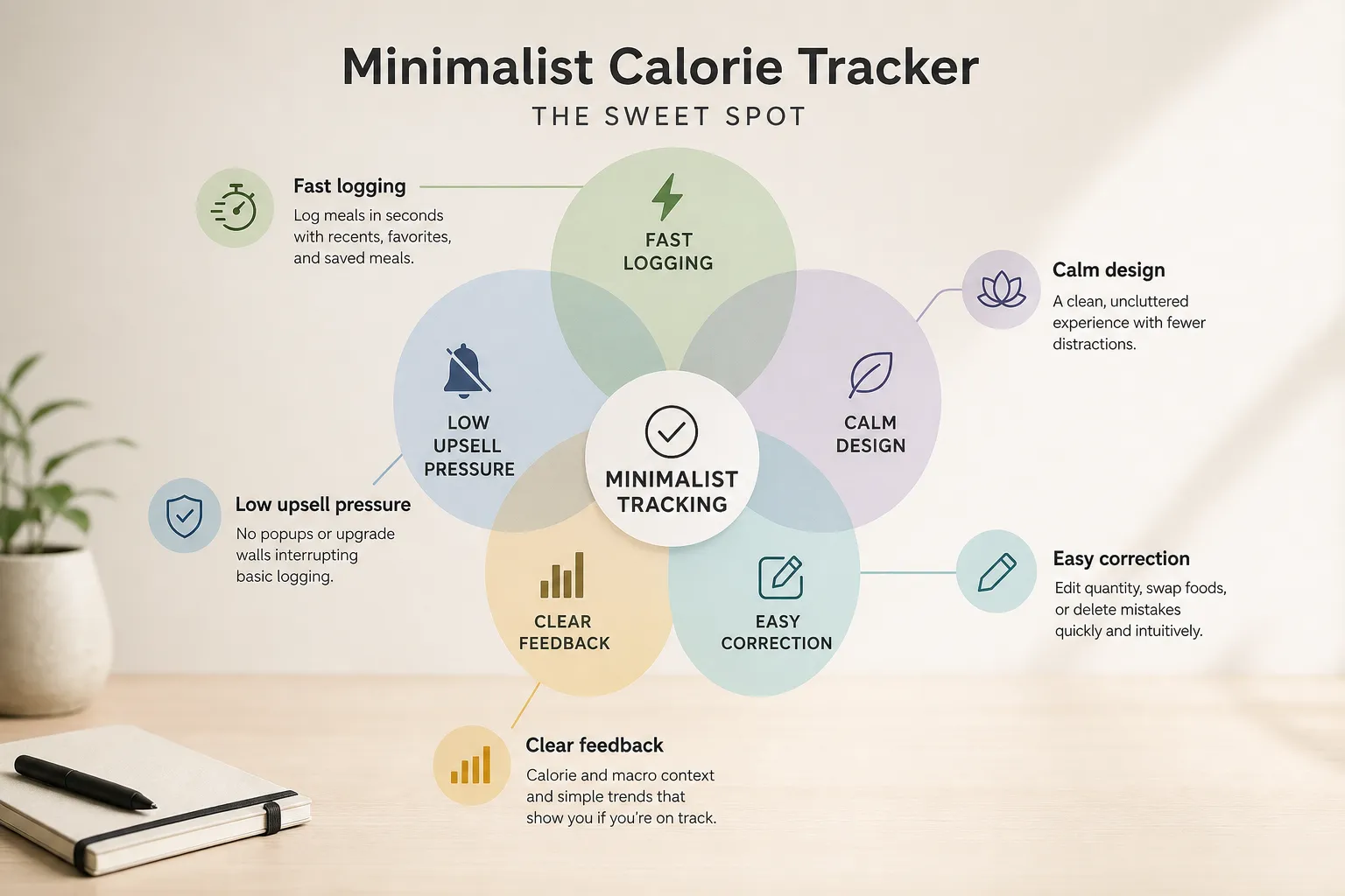 Infographic titled “Minimalist Calorie Tracker” with overlapping circles for fast logging, calm design, easy correction, clear feedback, and low upsell pressure.