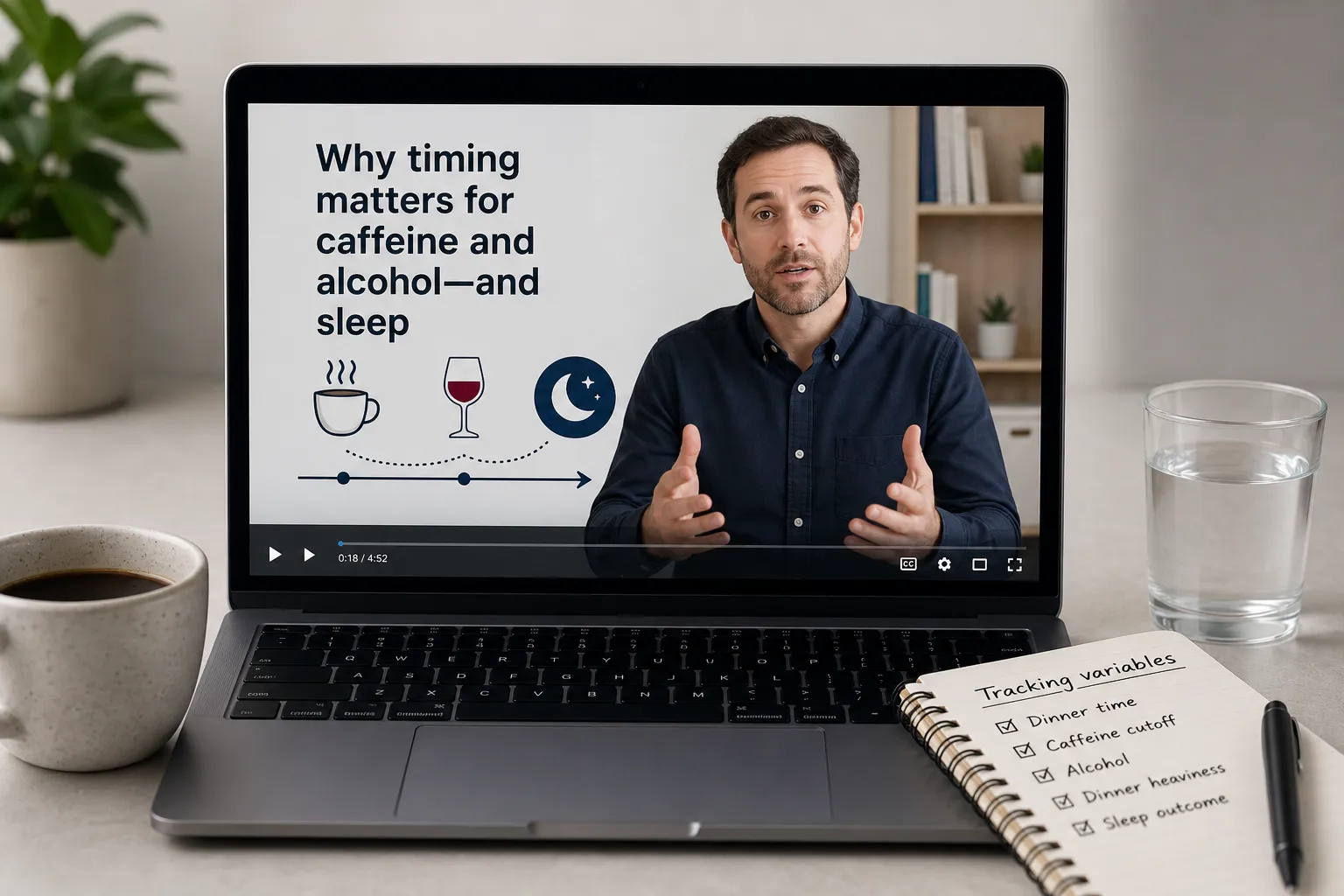 Laptop playing a video about caffeine, alcohol, and sleep, with a notebook tracking variables beside it.