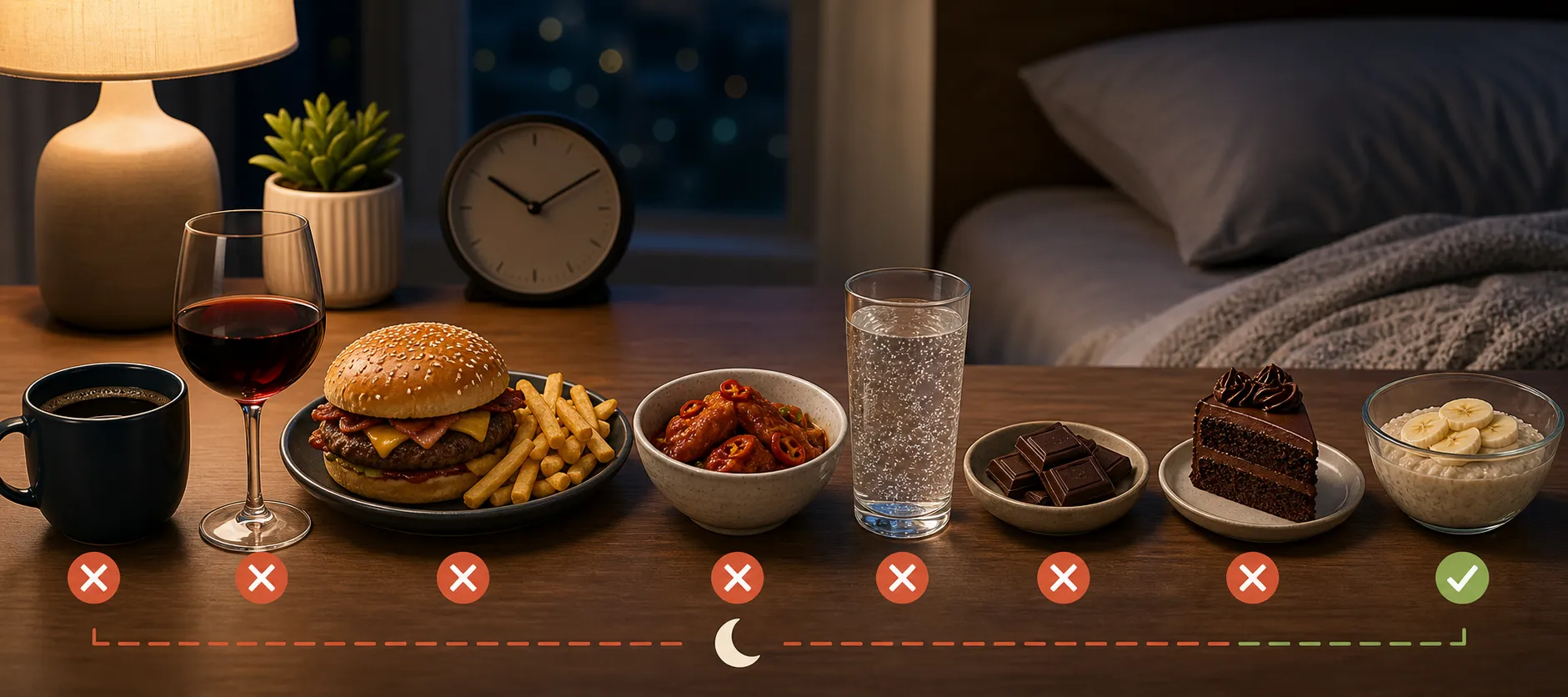 Late-night foods on a table beside a bed and lamp, with red X and one green check mark.