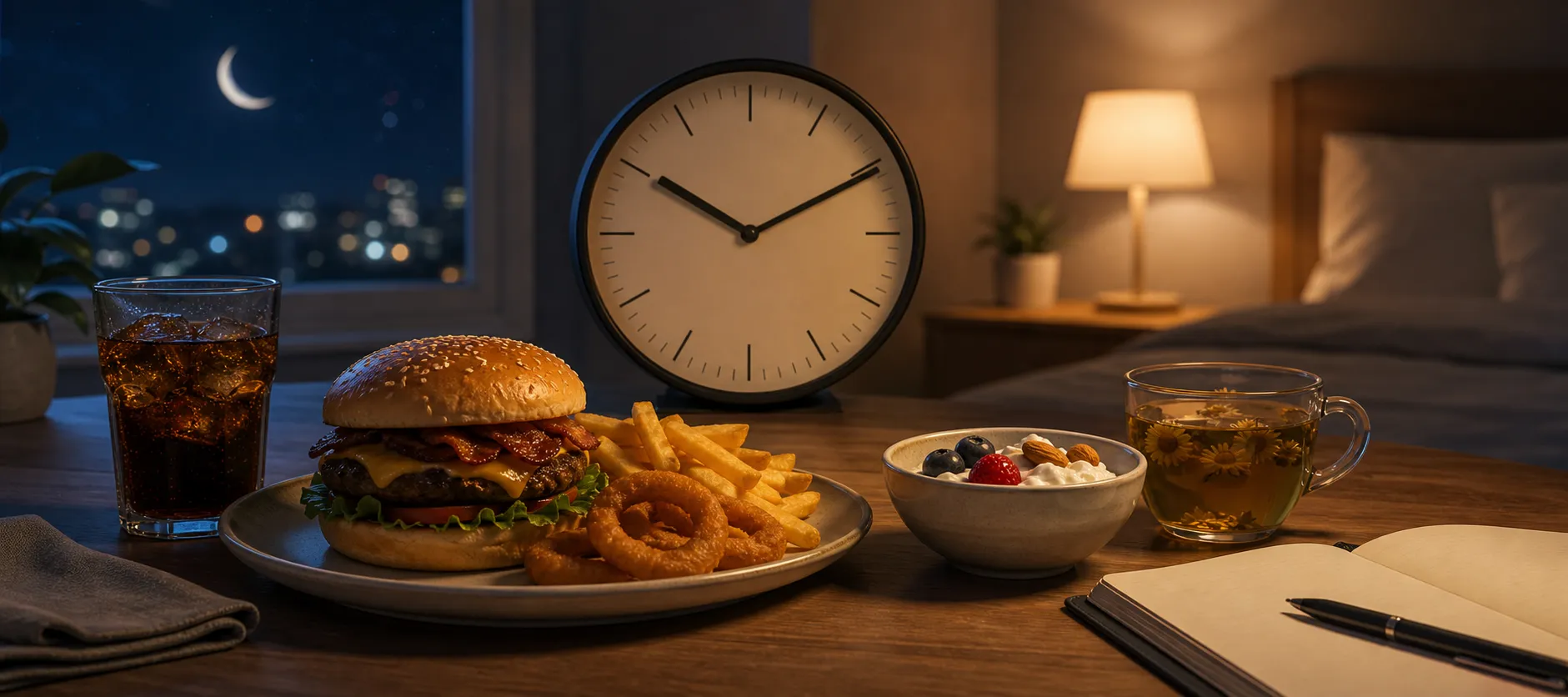 Late-night meal on a table with a burger, fries, onion rings, a bowl of yogurt and berries, tea, and a clock.