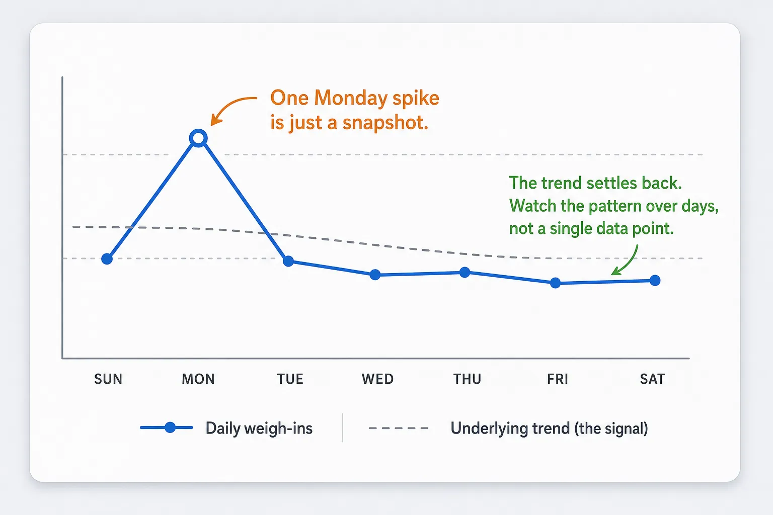 Line chart of daily weigh-ins by day of week, with a Monday spike and a lower underlying trend line.