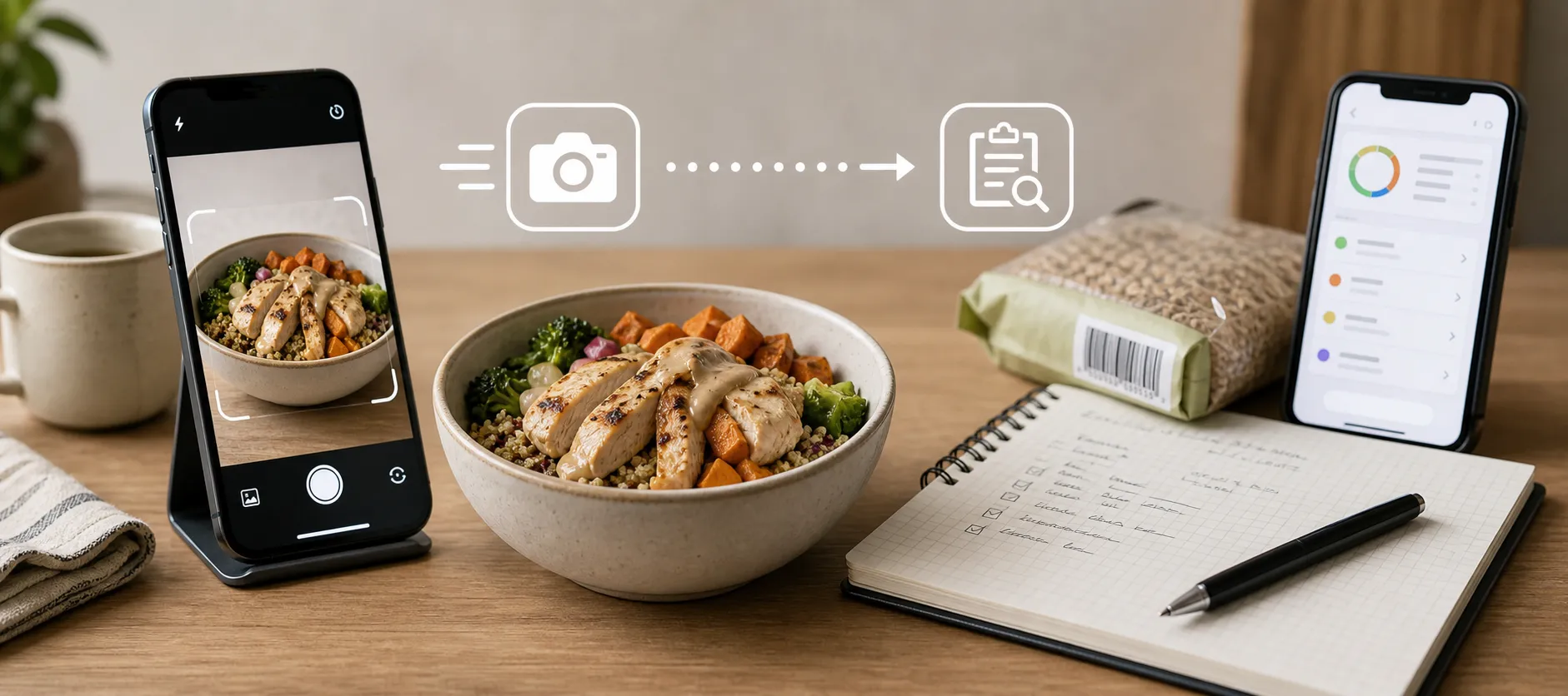 Meal bowl between a phone camera scan and a calorie log notebook
