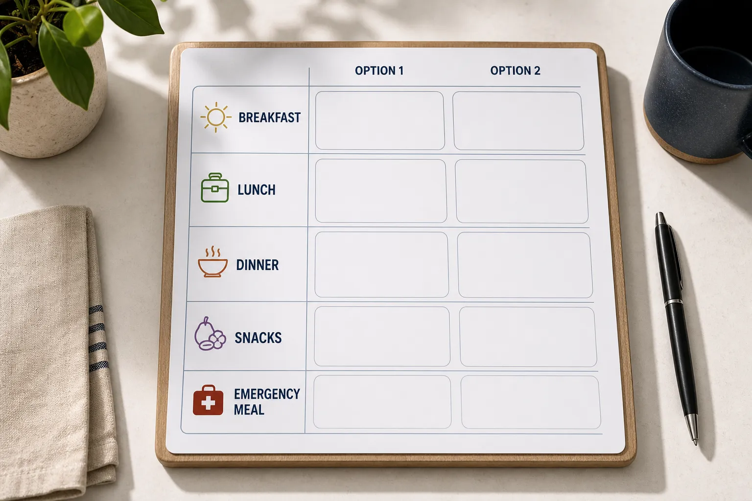 Meal planning board with daily meal options Meal-planning board with rows for breakfast, lunch, dinner, snacks, and emergency meal