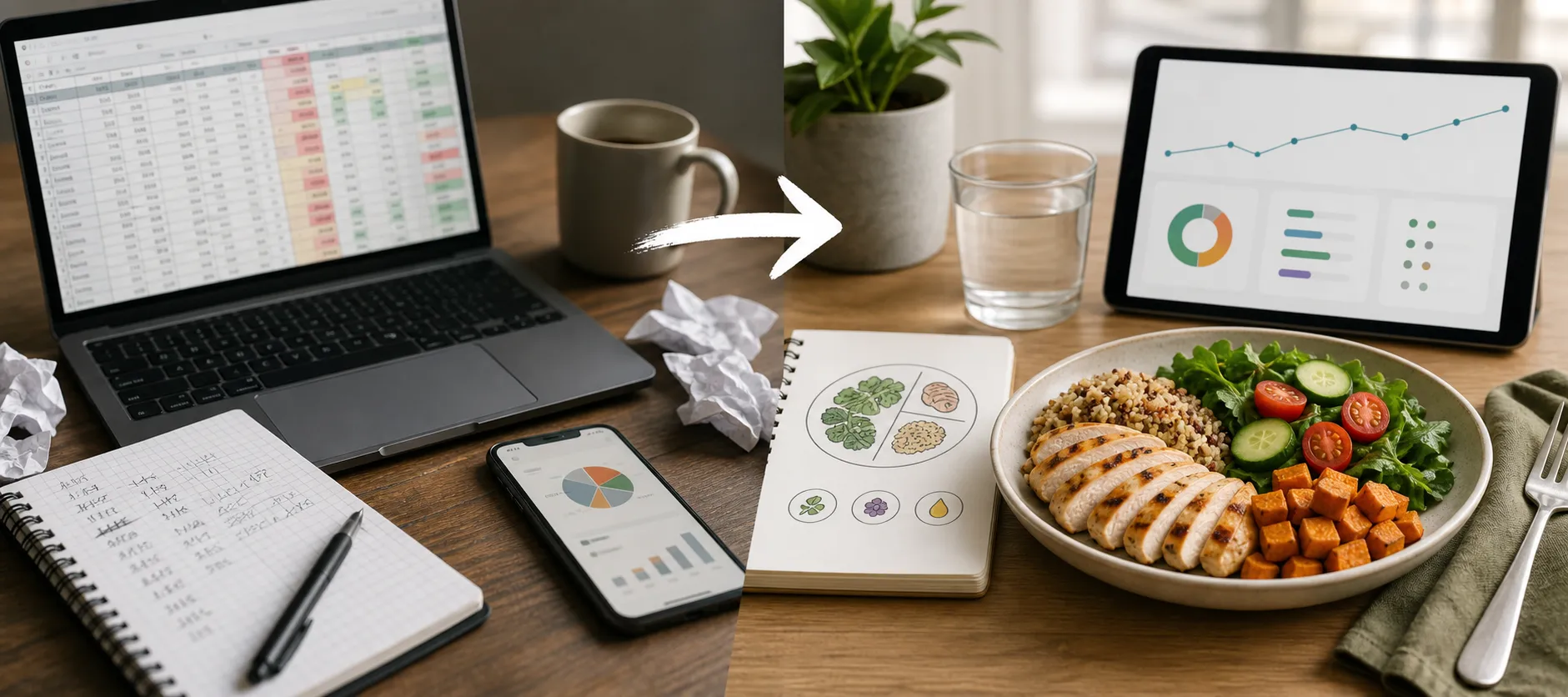 Meal tracking setup on a desk beside a tablet with charts and a bowl of balanced food, with an arrow between them