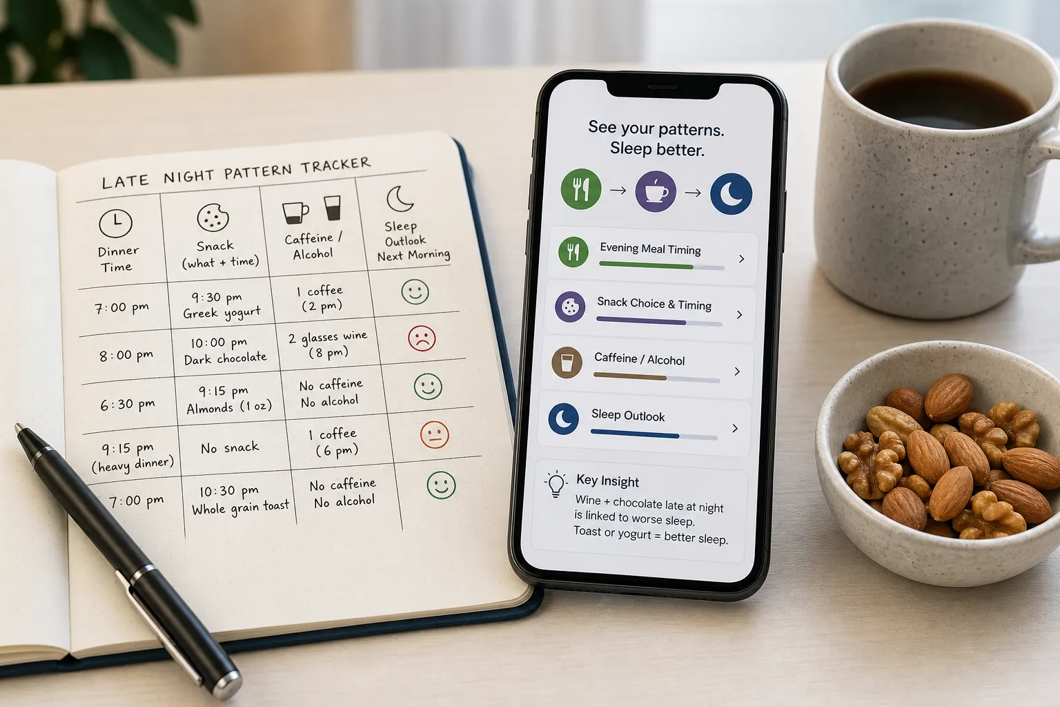 Notebook and phone showing a late-night pattern tracker beside coffee and a bowl of nuts