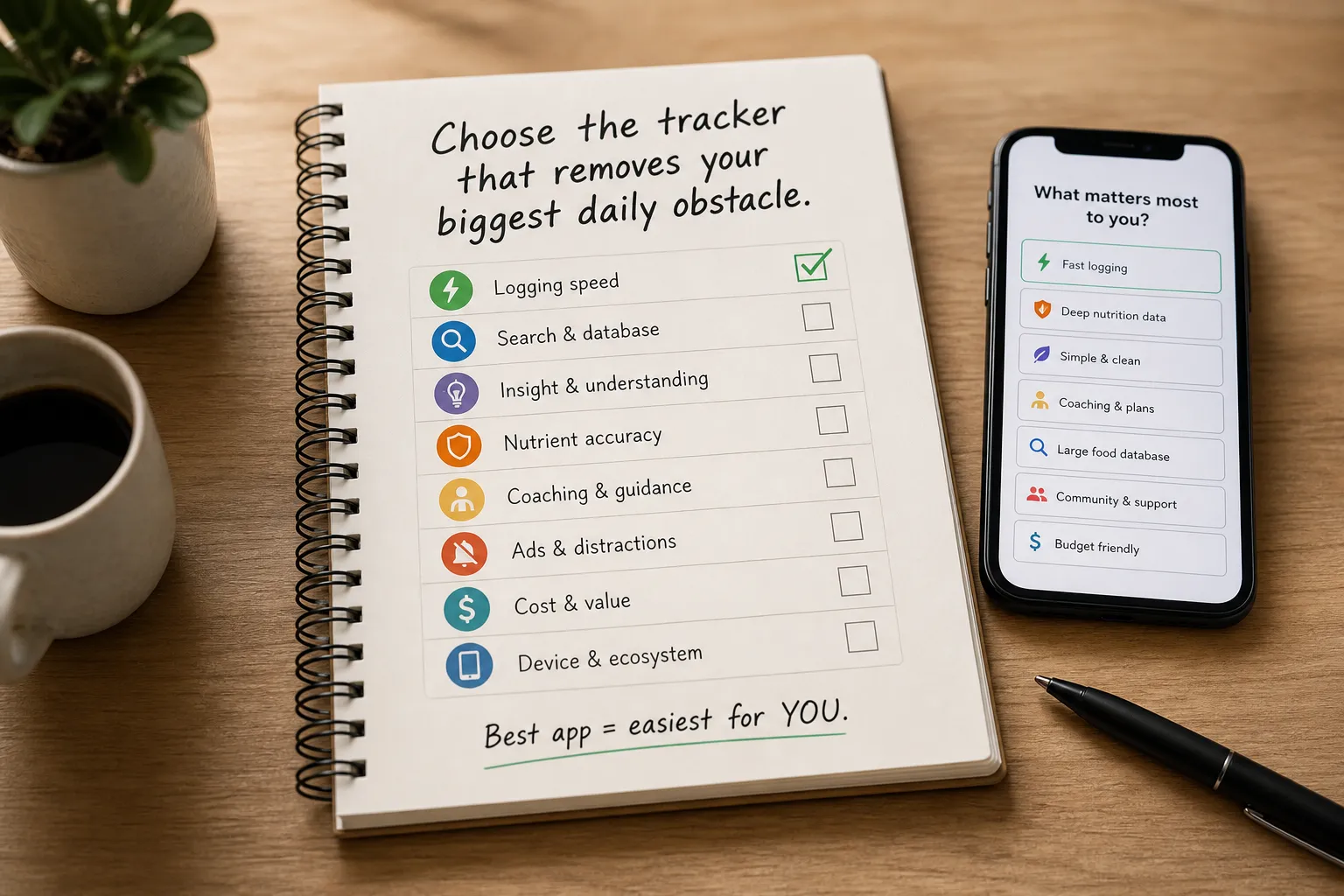 Notebook and smartphone showing a checklist for choosing a calorie tracker app