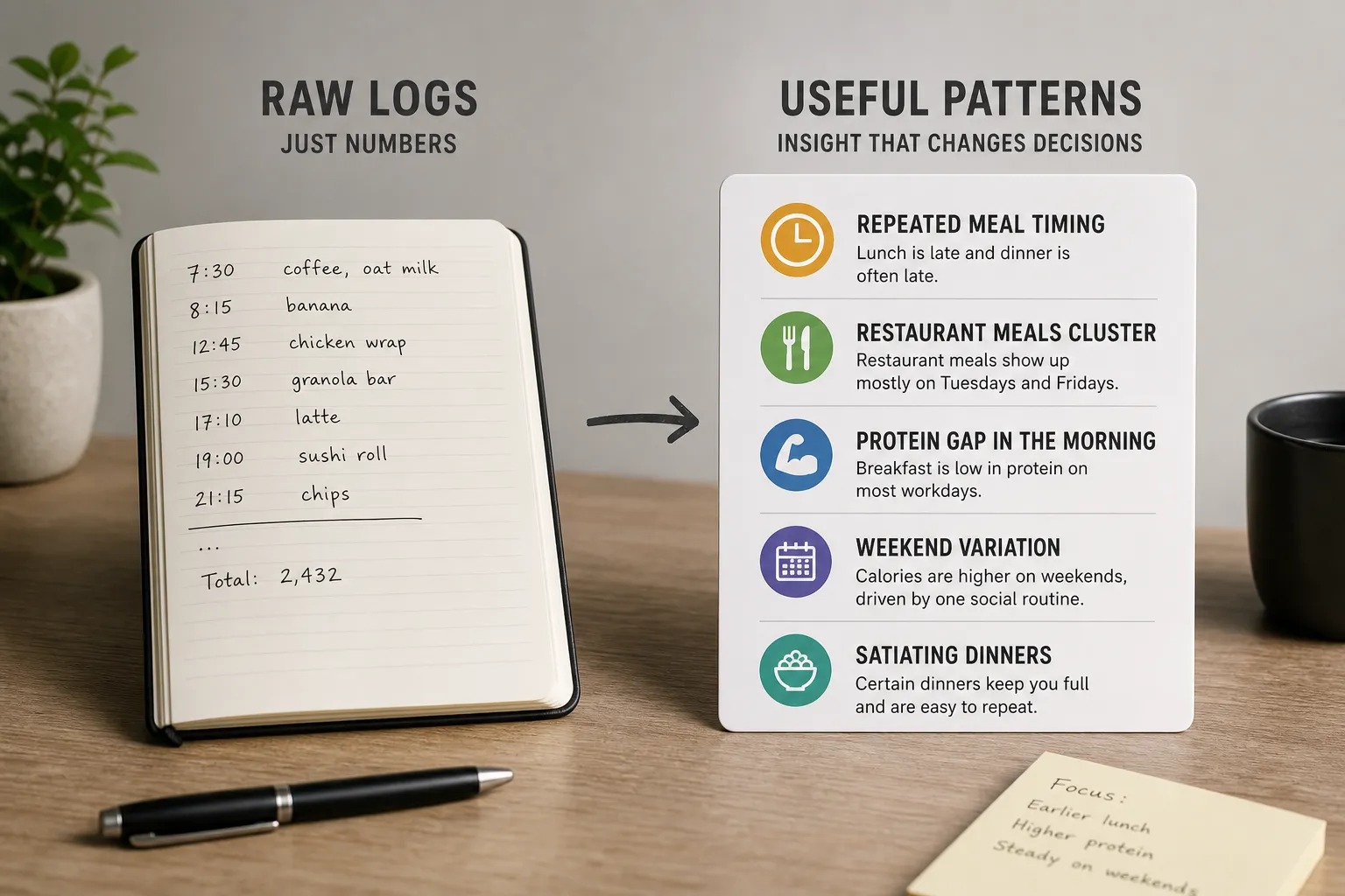 Notebook meal log beside a chart of eating patterns and insights.