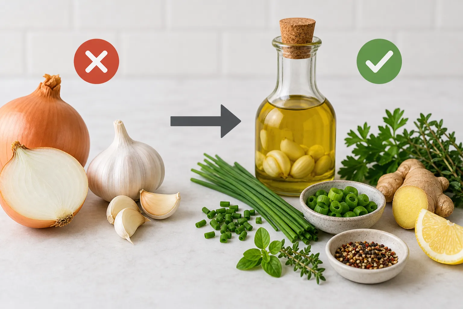 Onions and garlic with low-FODMAP substitutes Onions and garlic on the left, olive oil with herbs and green onion substitutes on the right
