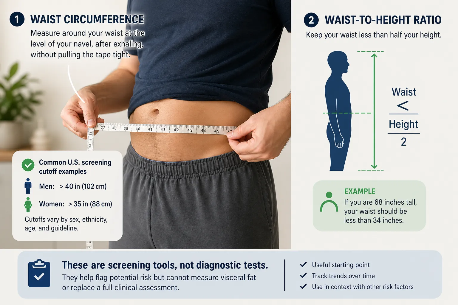 Person measuring waist with a tape measure beside a waist-to-height ratio diagram.