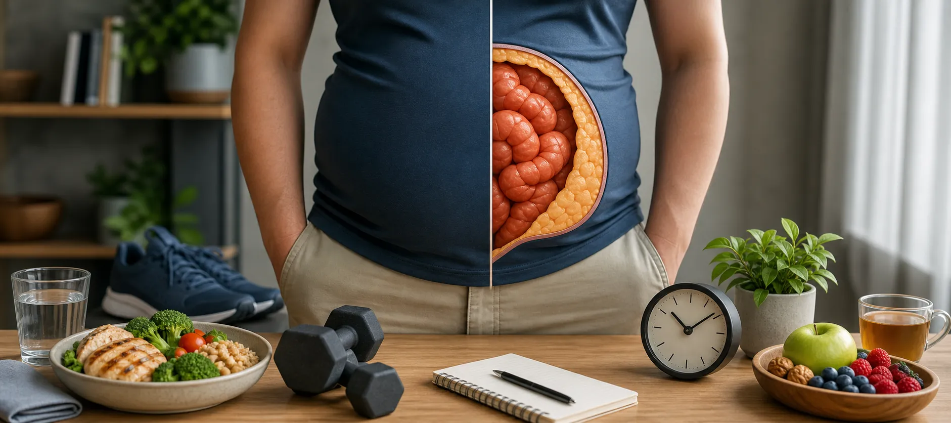 Person standing behind a table, with an illustrated cross-section of belly fat on one side