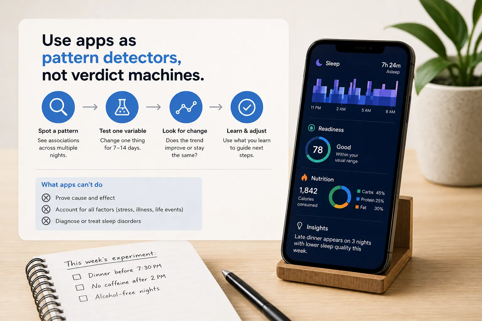 Phone displaying sleep and nutrition tracking beside a note card and pen.