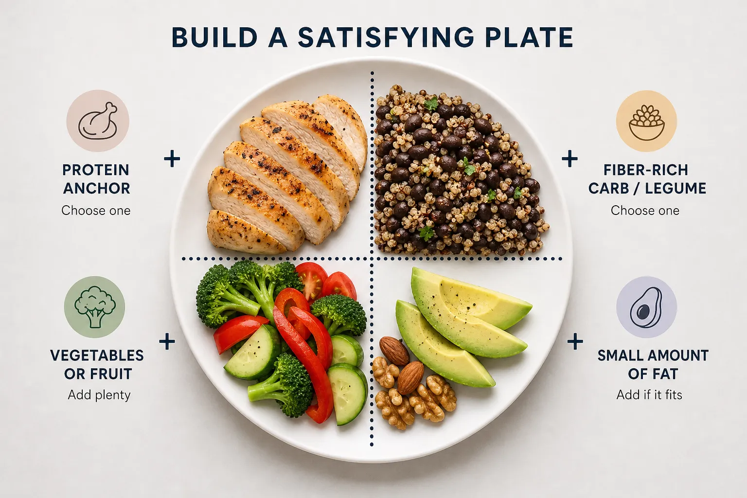 Satisfying plate with protein, beans, vegetables, and avocado Plate divided into four sections with chicken, beans, vegetables, and avocado, labeled as satisfying plate components.