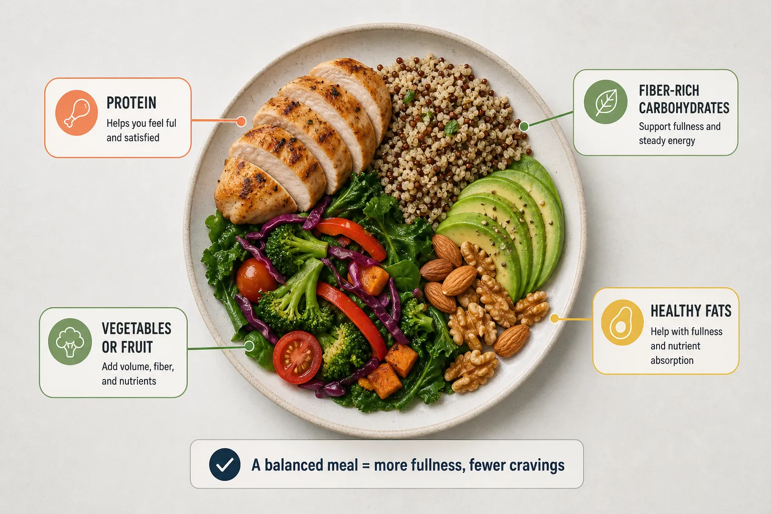 Plate of sliced chicken, quinoa, avocado, vegetables, nuts, and grains with nutrient labels around it