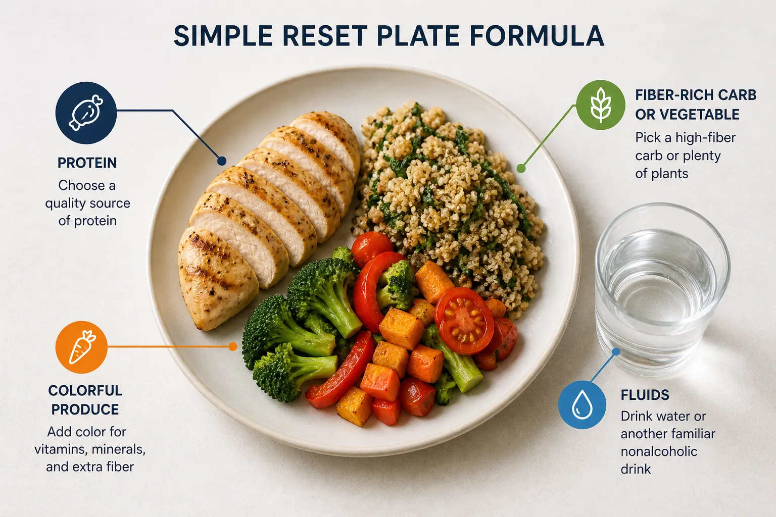 Plate with sliced chicken, quinoa, broccoli, roasted vegetables, and a glass of water with labeled meal components.