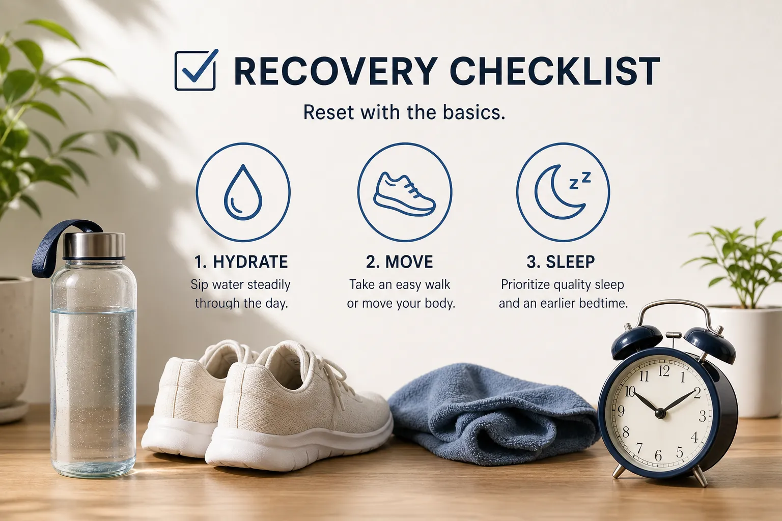 Recovery checklist with a water bottle, walking shoes, towel, and alarm clock on a table.